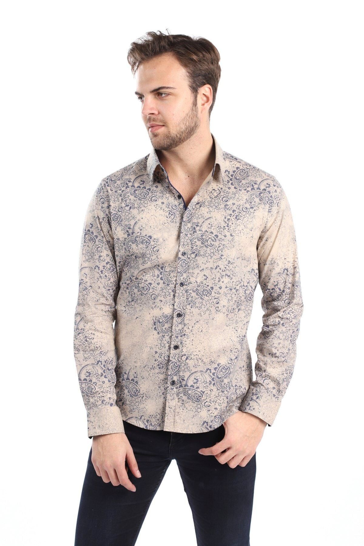 Baskılı Krem Slim Fit Gömlek