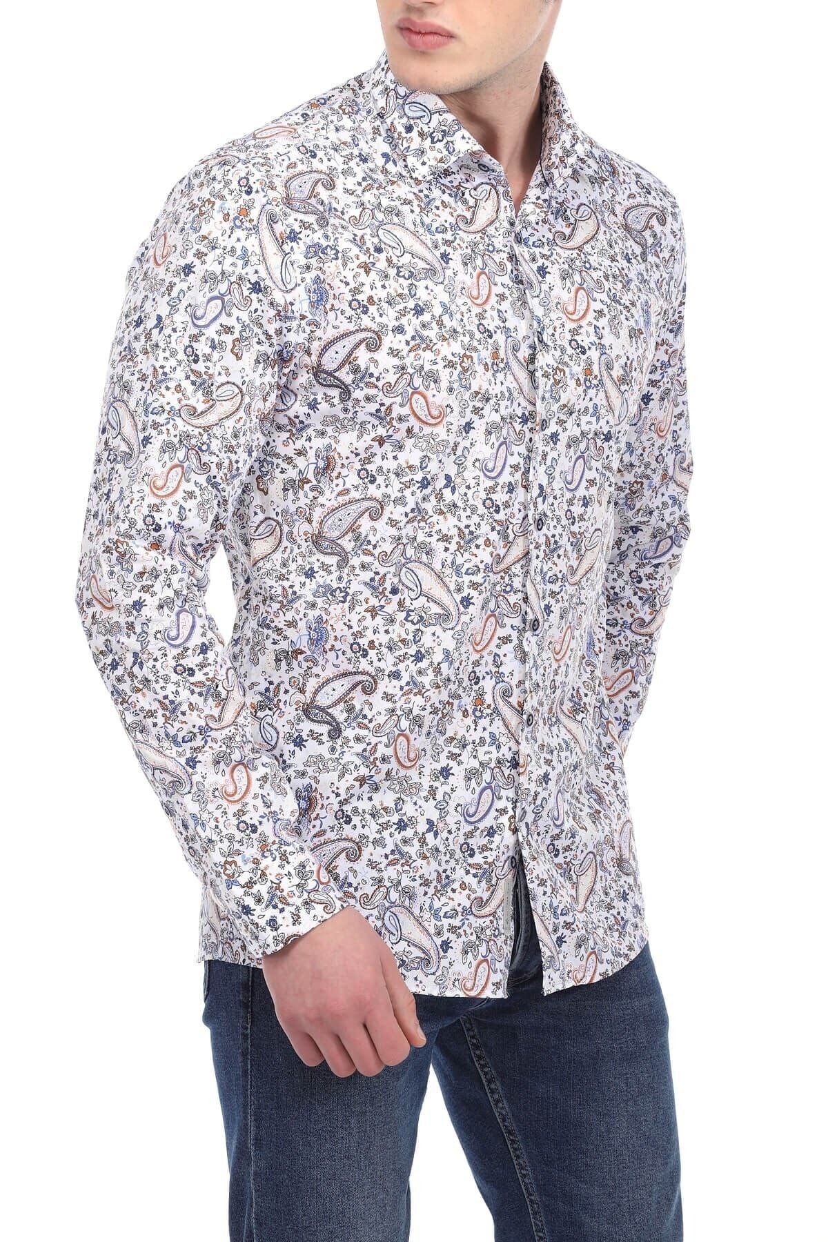 Baskılı Beyaz Slim Fit Gömlek
