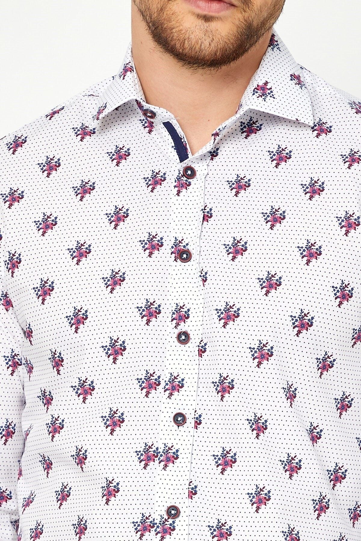 Kırmızı Çiçek Baskılı Slim Fit Uzun Kol Gömlek