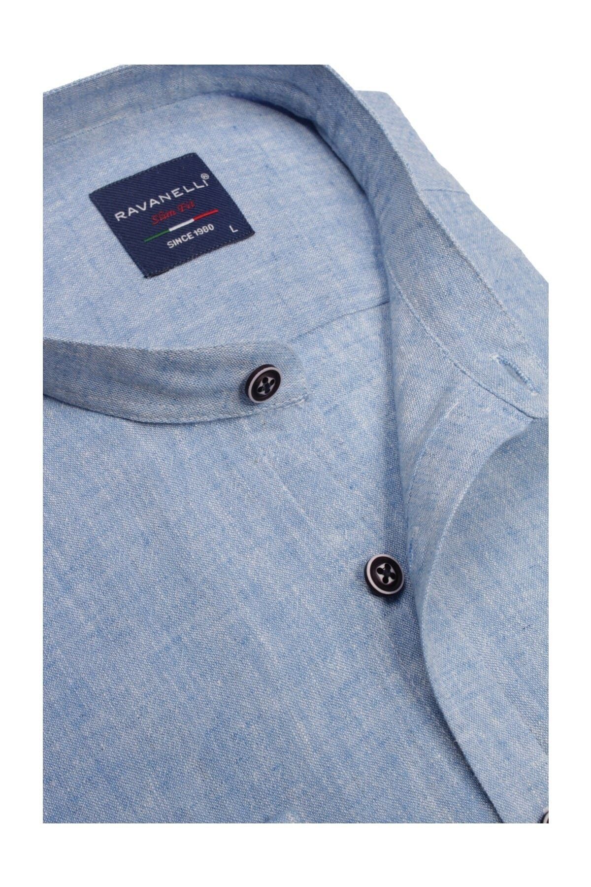 Erkek  Mavi Slim Fit Keten Apoletli Gömlek