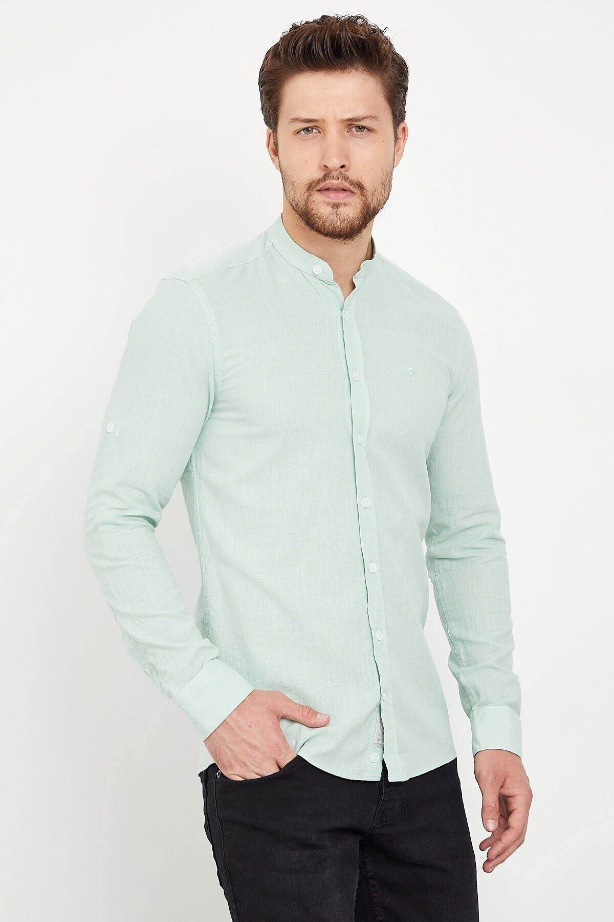 Pamuk Keten Hakim Yaka Açık Yeşil Slim Fit Uzun Kol Gömlek