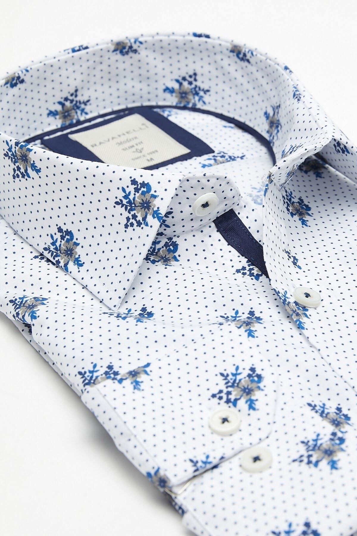 Lacivert Çiçek Baskılı Slim Fit Uzun Kol Gömlek