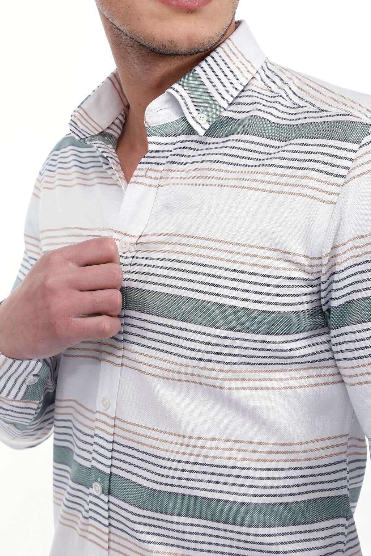 Haki Panolu Beyaz Slim Fit Gömlek