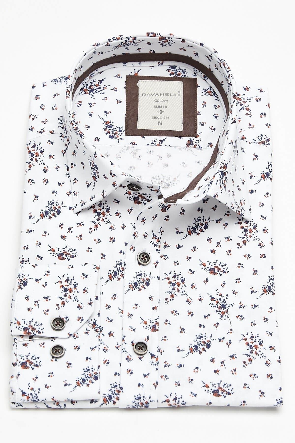 Lacivert Baskılı Beyaz Slim Fit Uzun Kol Gömlek