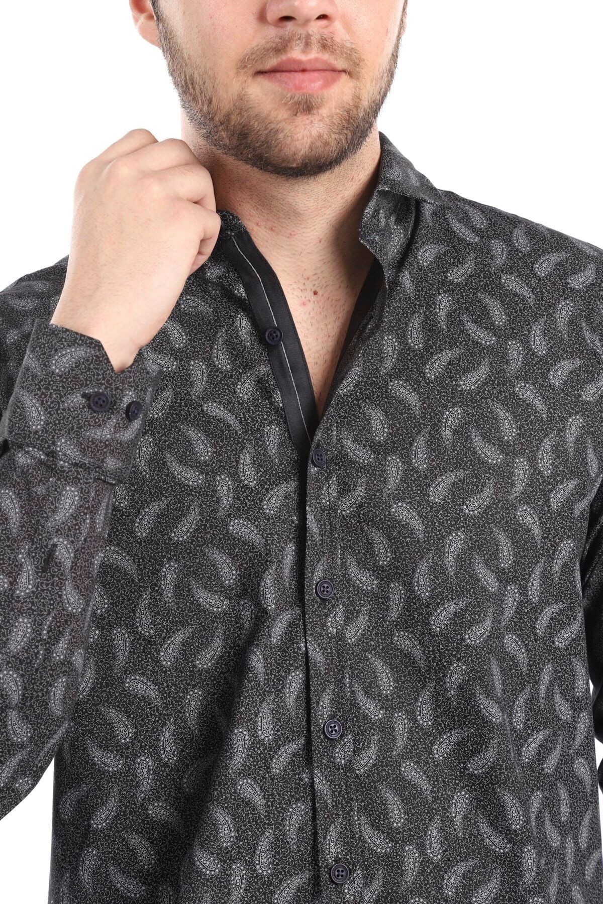 Baskılı Siyah Slim Fit Gömlek