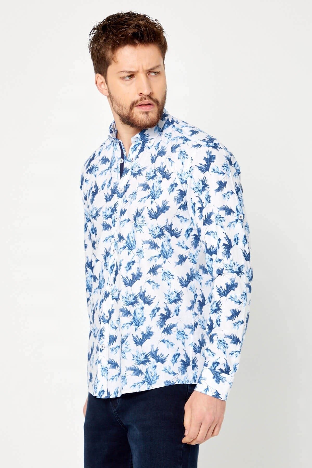 %100 Pamuk Keten Mavi Baskılı Slim Fit Uzun Kol Keten Gömlek