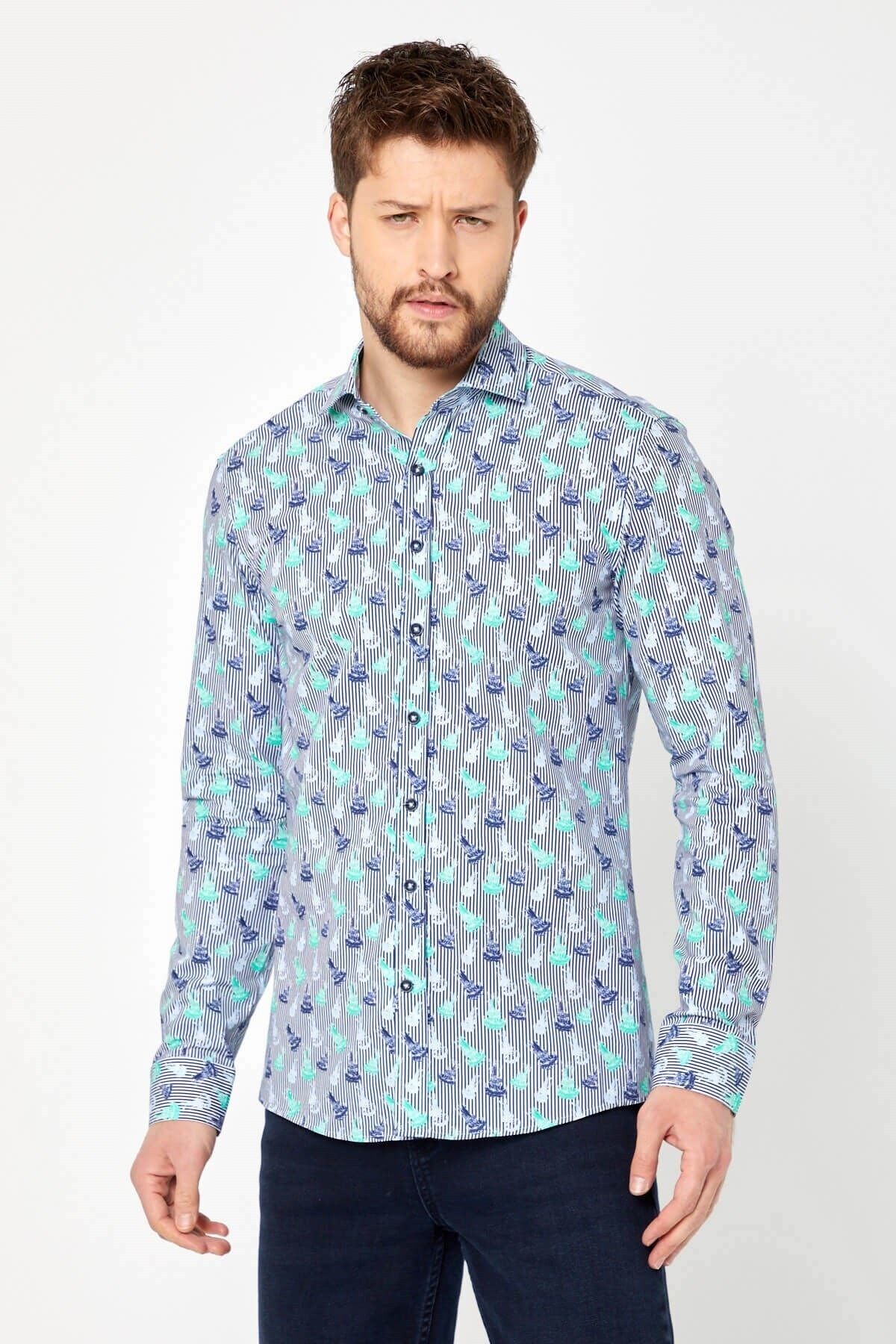 %100 Pamuk Çizgi Baskılı Slim Fit Uzun Kol Gömlek