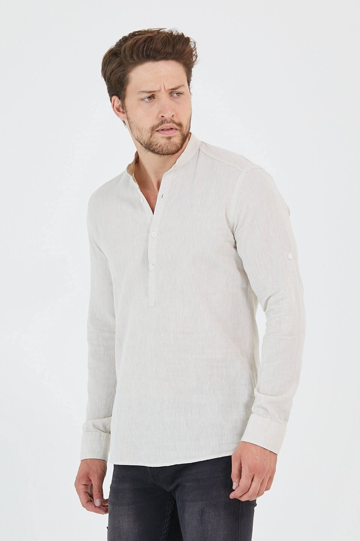 Keten Hakim Yaka Yarım Pat Bej Slim Fit Uzun Kol Gömlek