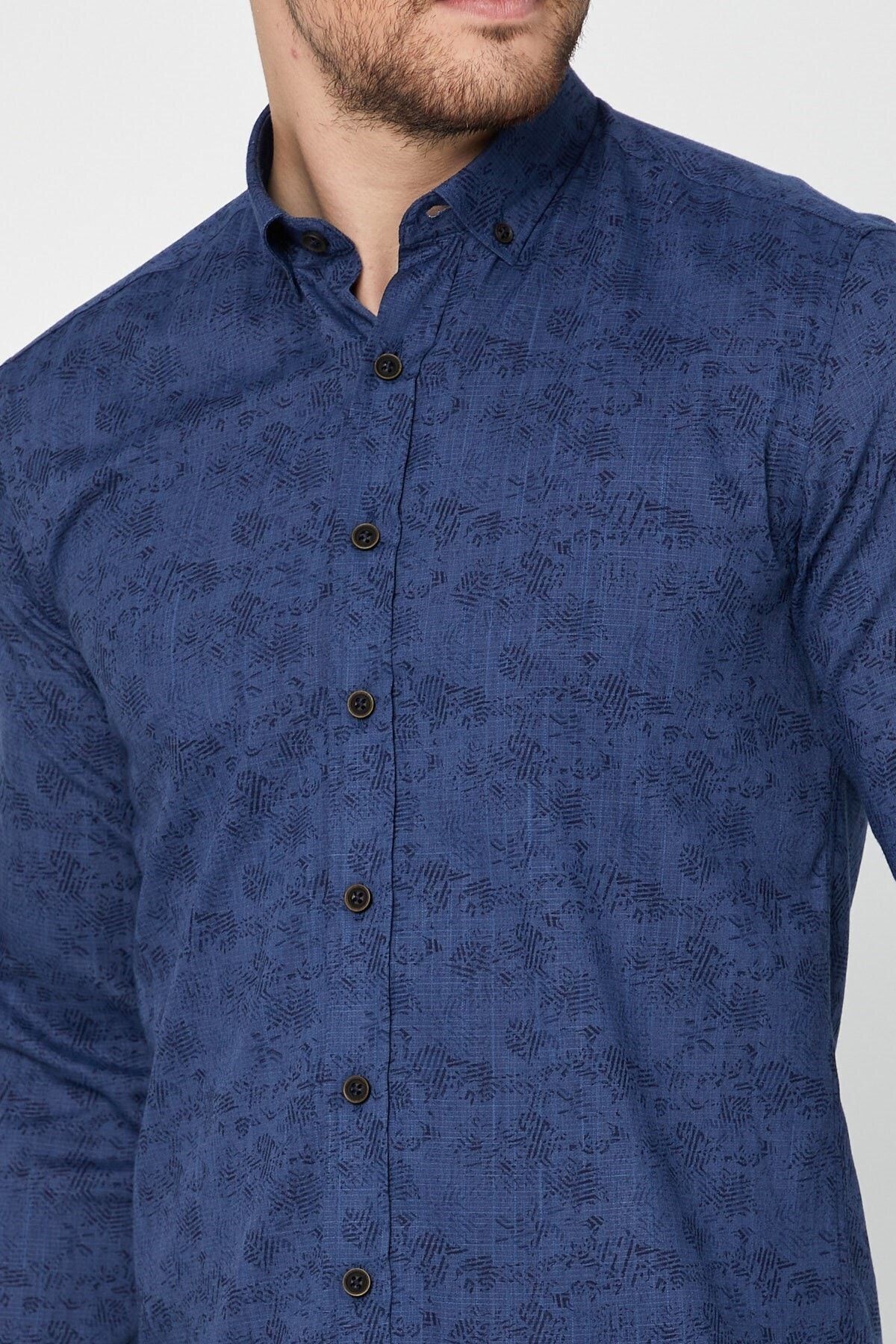 Pamuk Keten Baskılı Lacivert Slim Fit Uzun Kol Gömlek