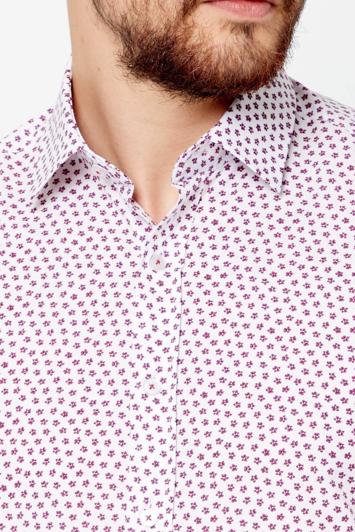 Bordo Çiçek Baskılı Beyaz Slim Fit Uzun Kol Gömlek