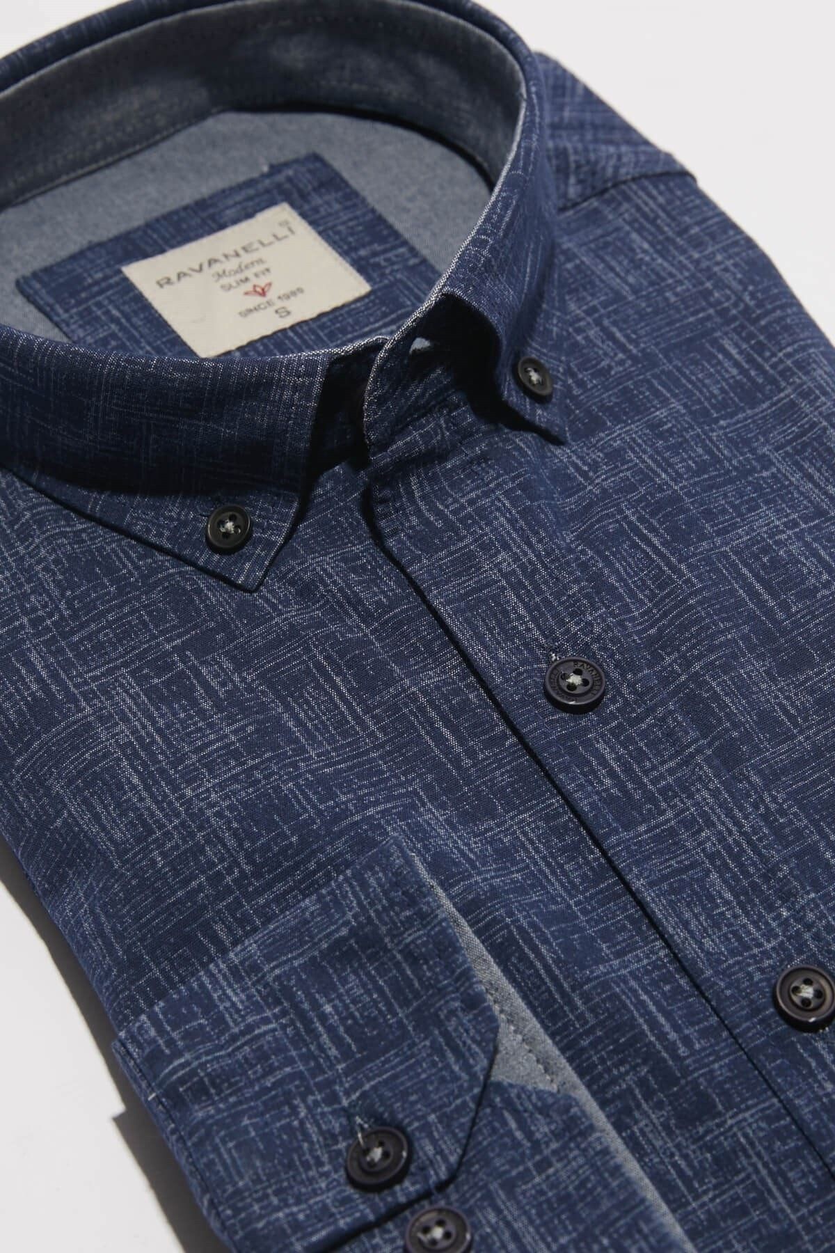 Baskılı Gri Slim Fit Uzun Kol Gömlek