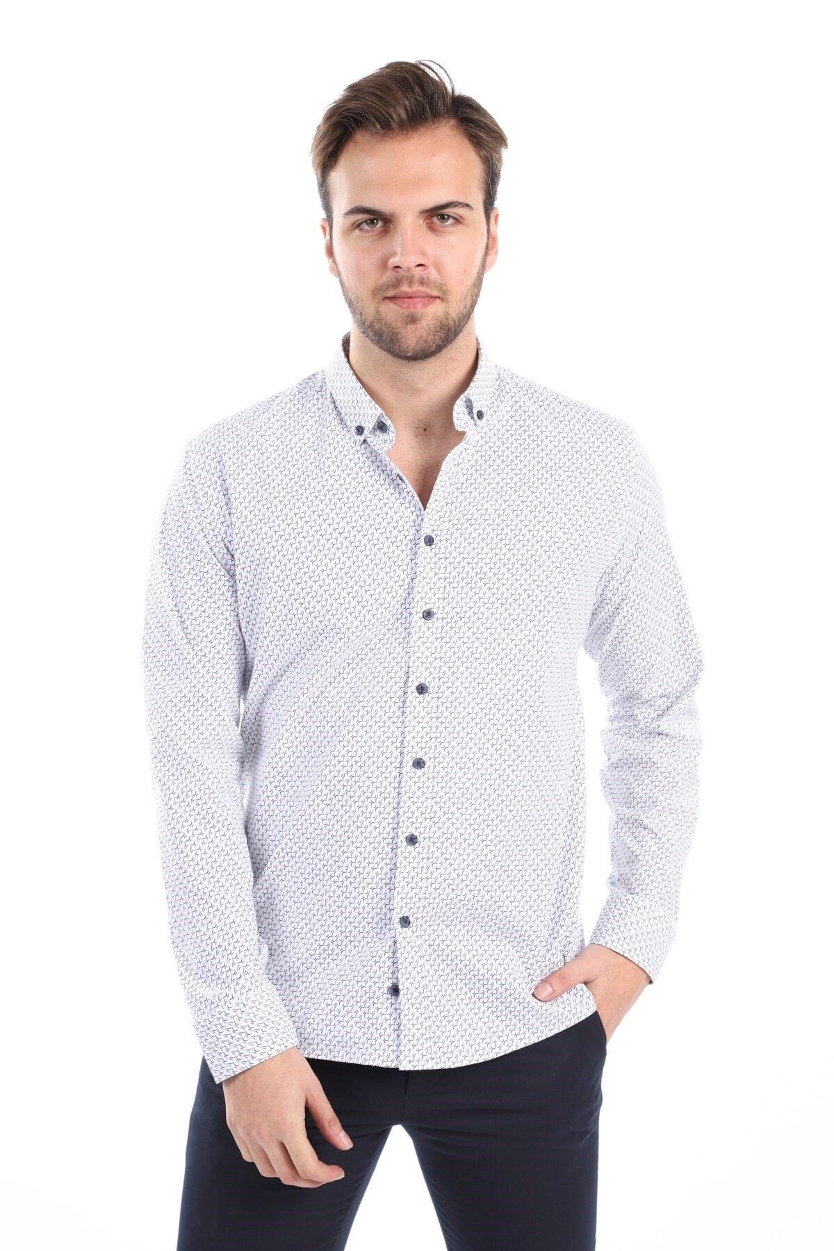 Baskılı Beyaz Slim Fit Likralı Gömlek
