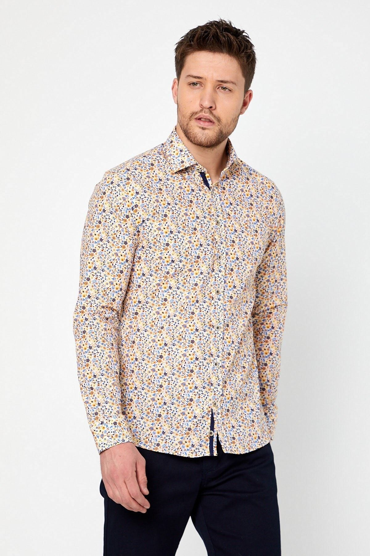 Sarı Çiçek Baskılı Slim Fit Uzun Kol Gömlek