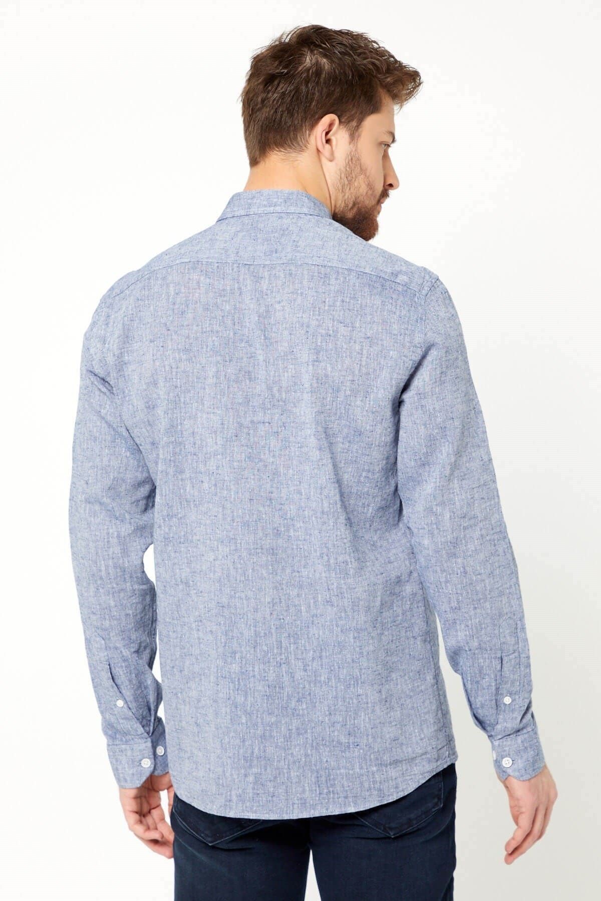 Lacivert Slim Fit Uzun Kol Keten Gömlek