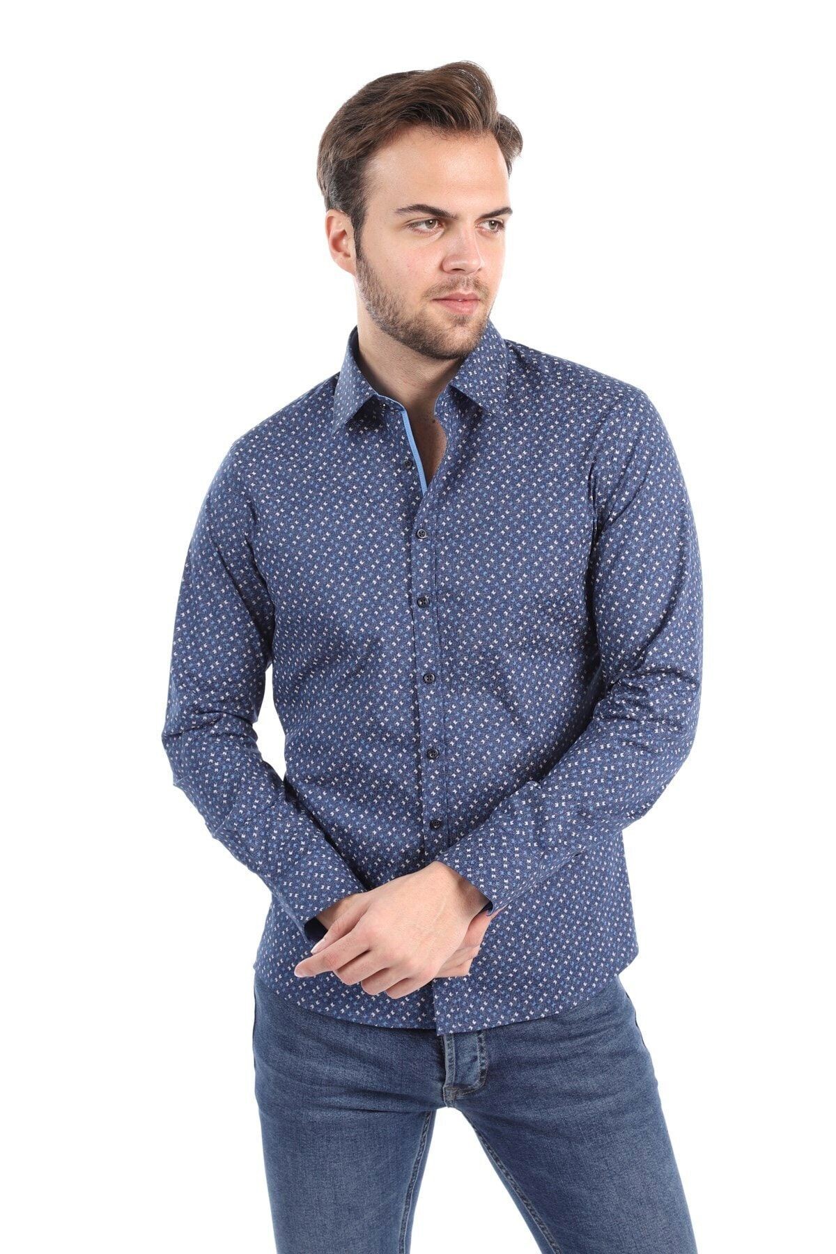 Baskılı Lacivert Slim Fit Gömlek