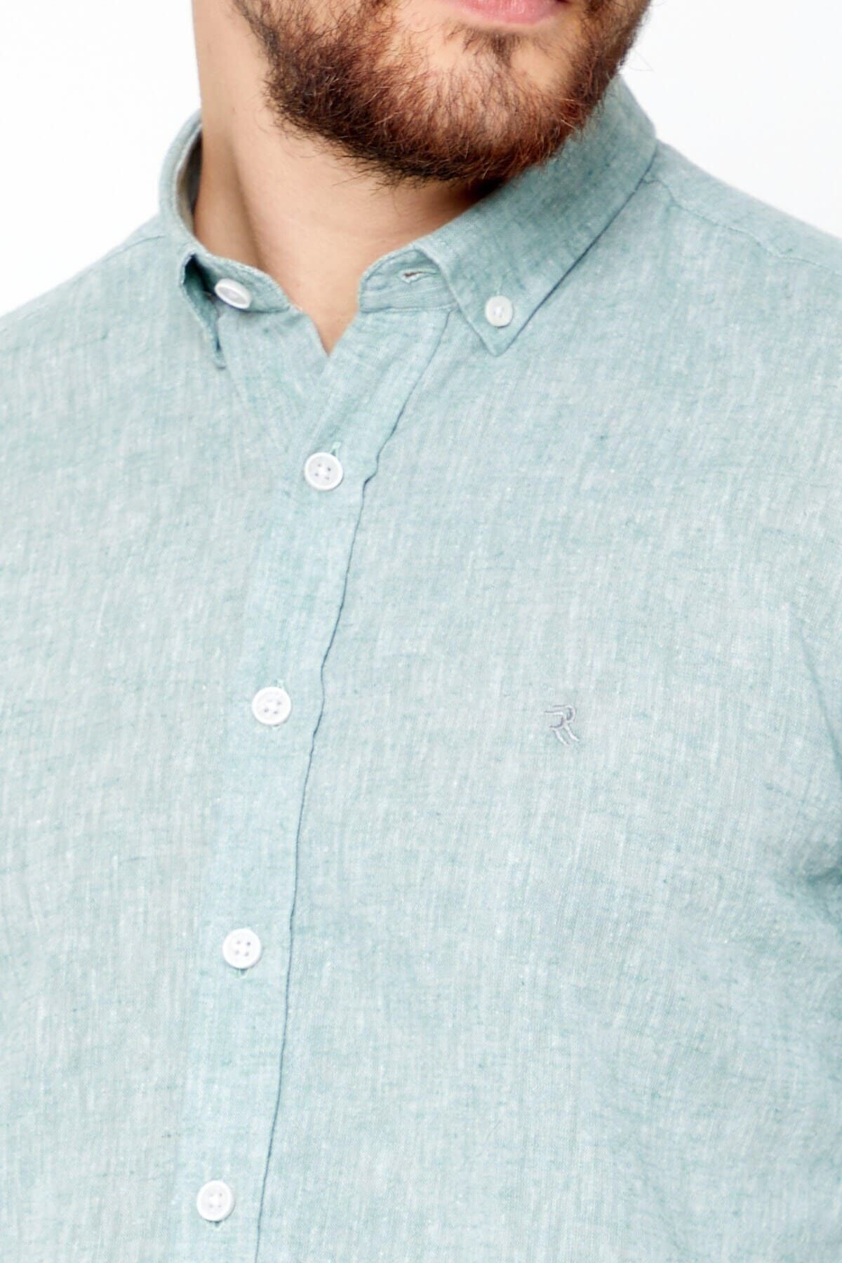 Yeşil Slim Fit Uzun Kol Keten Gömlek