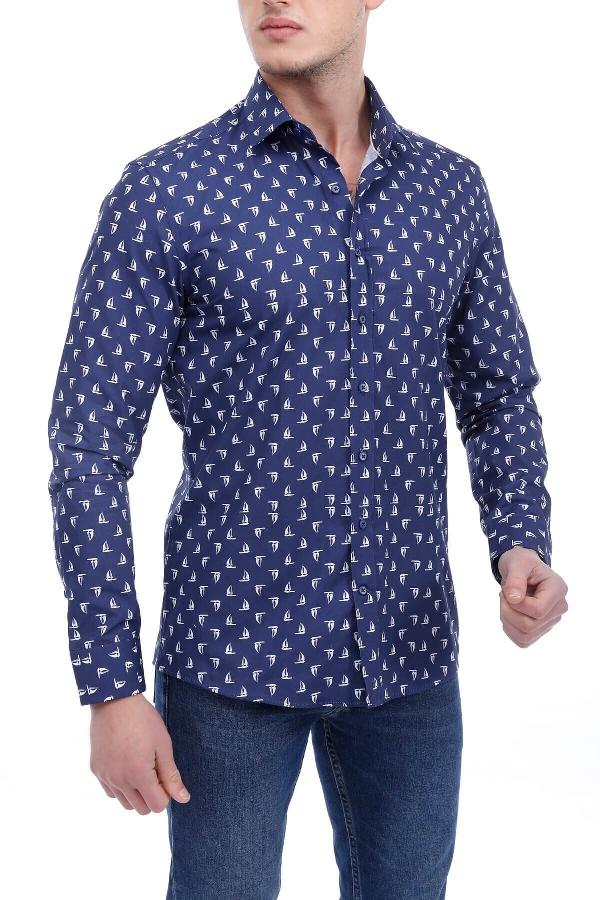 Baskılı Lacivert Slim Fit Gömlek