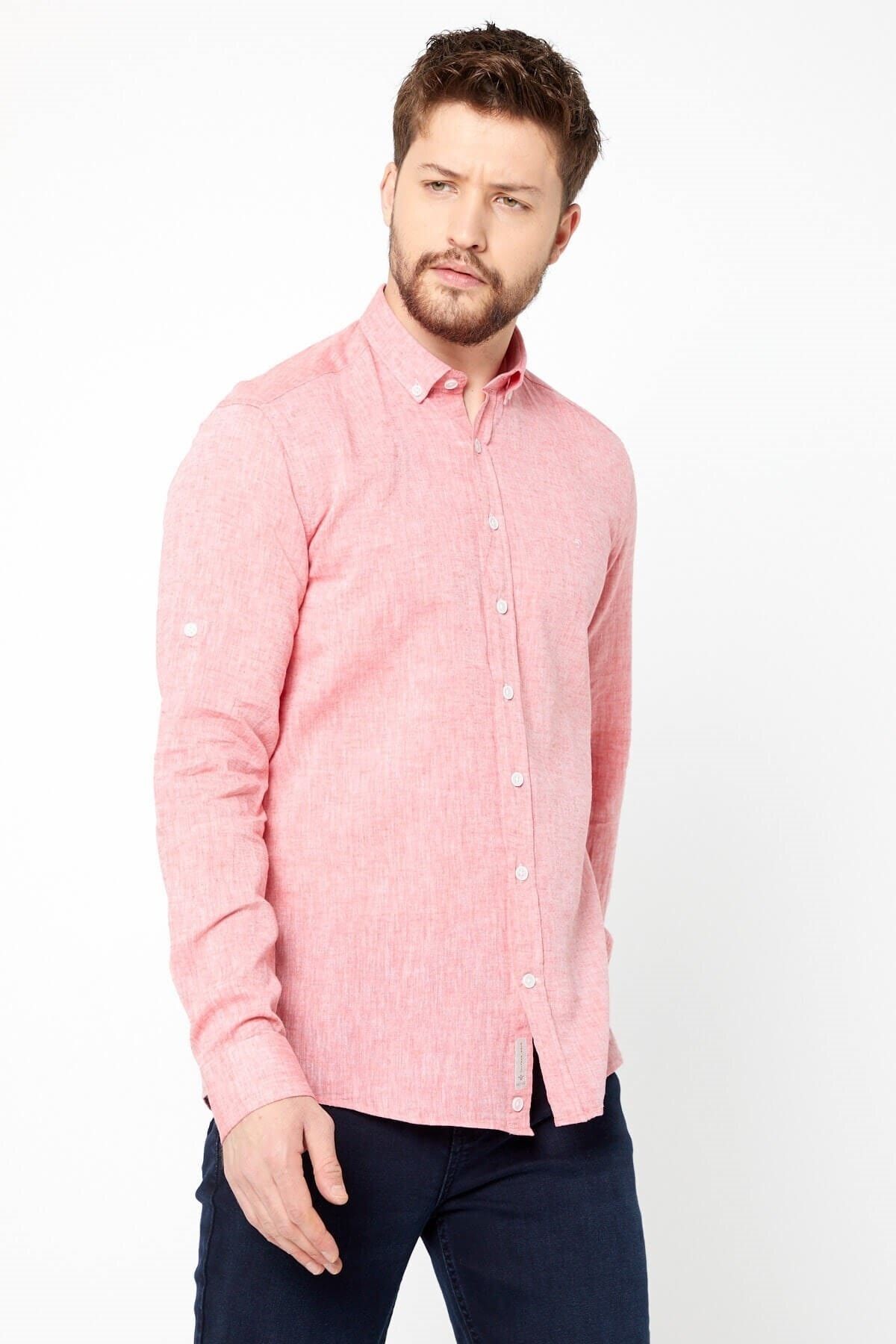 Kiremit Slim Fit Uzun Kol Keten Gömlek
