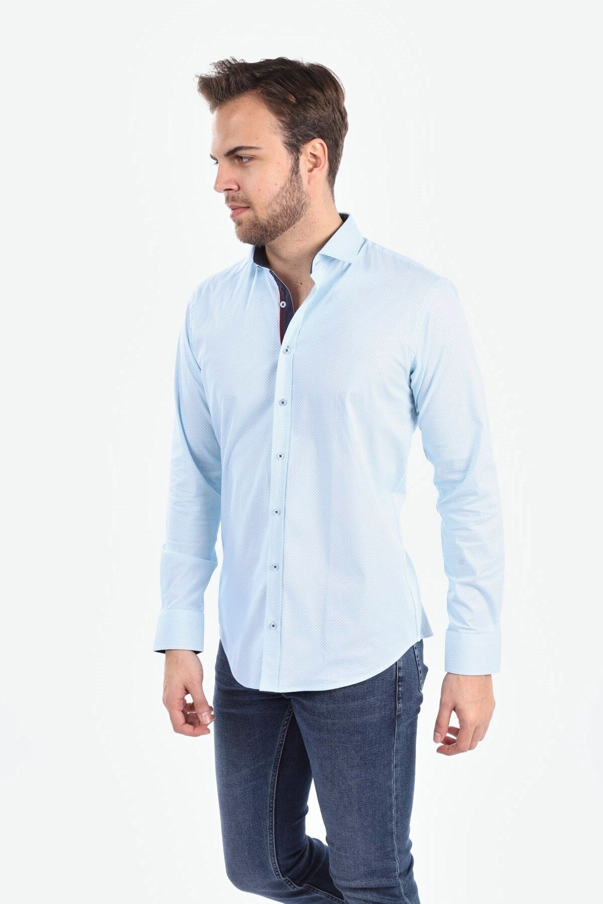 Baskılı Turkuaz Slim Fit Gömlek