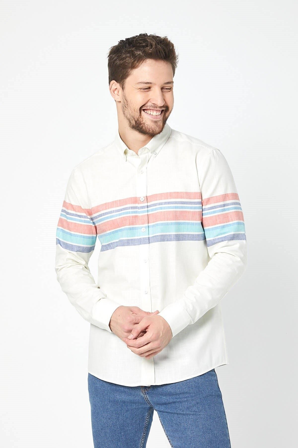 Keten Kırmızı Panolo Beyaz Slim Fit Uzun Kol Gömlek