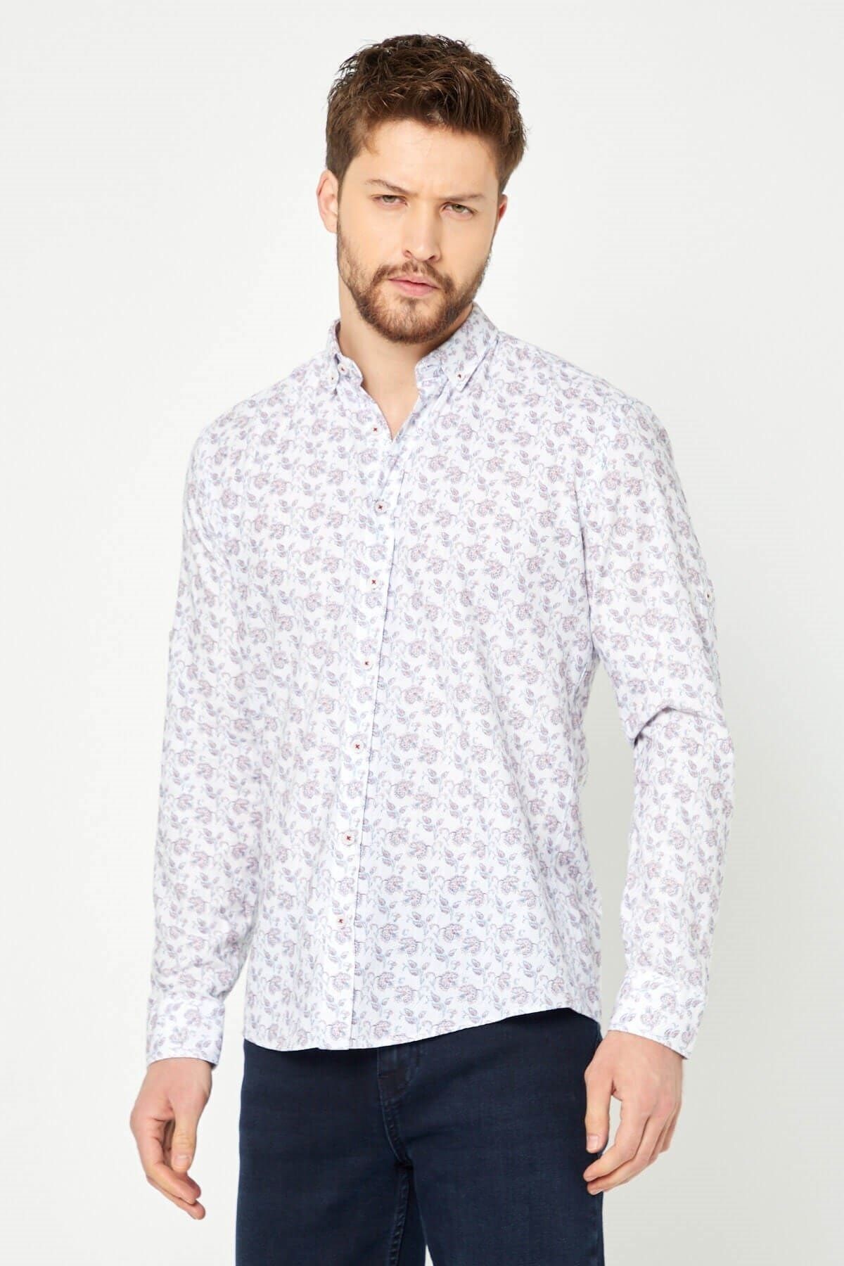 %100 Pamuk Keten Kırmızı Baskılı Slim Fit Uzun Kol Keten Gömlek
