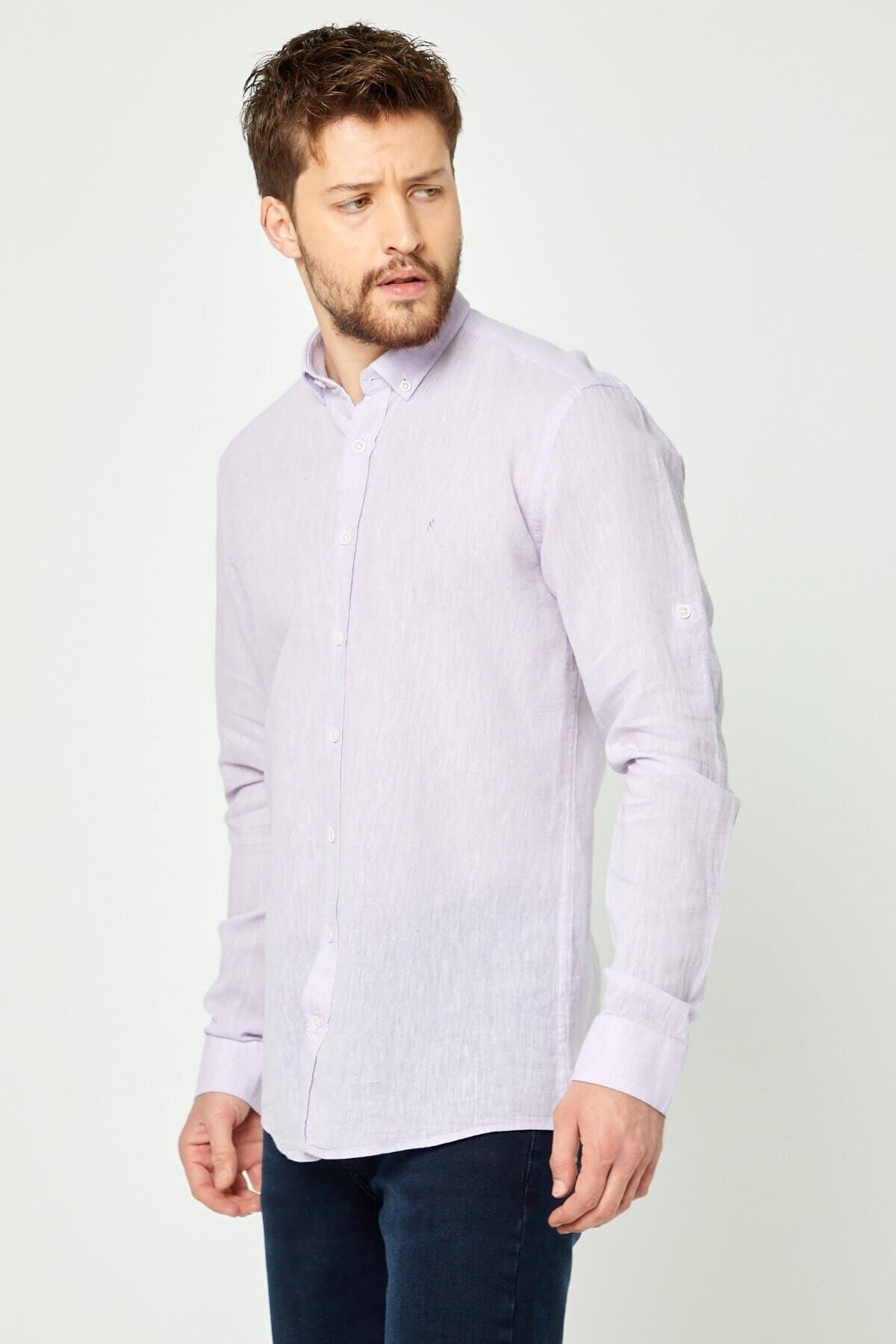 Lila Slim Fit Uzun Kol Keten Gömlek