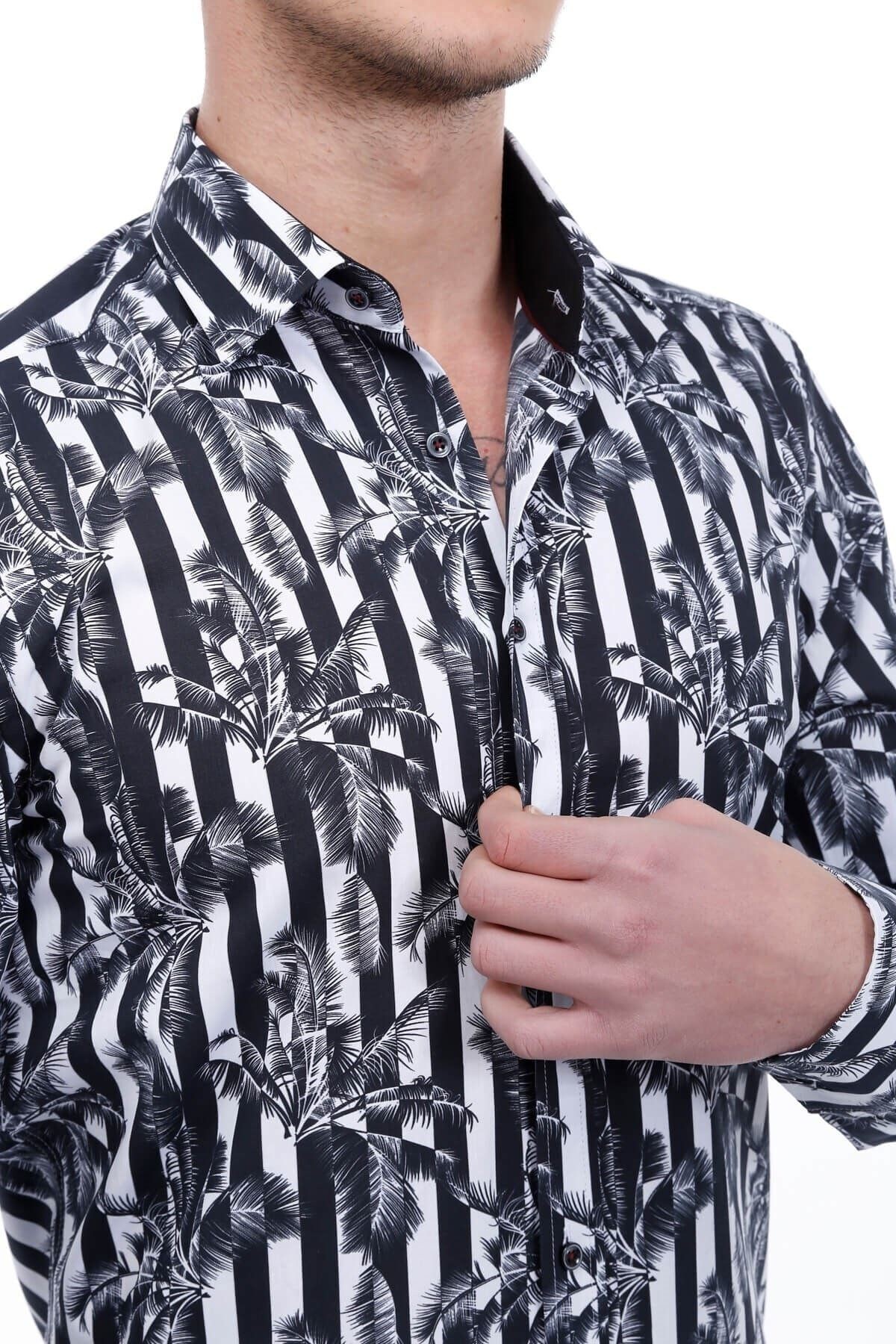 Beyaz Siyah Baskılı Slim Fit Gömlek