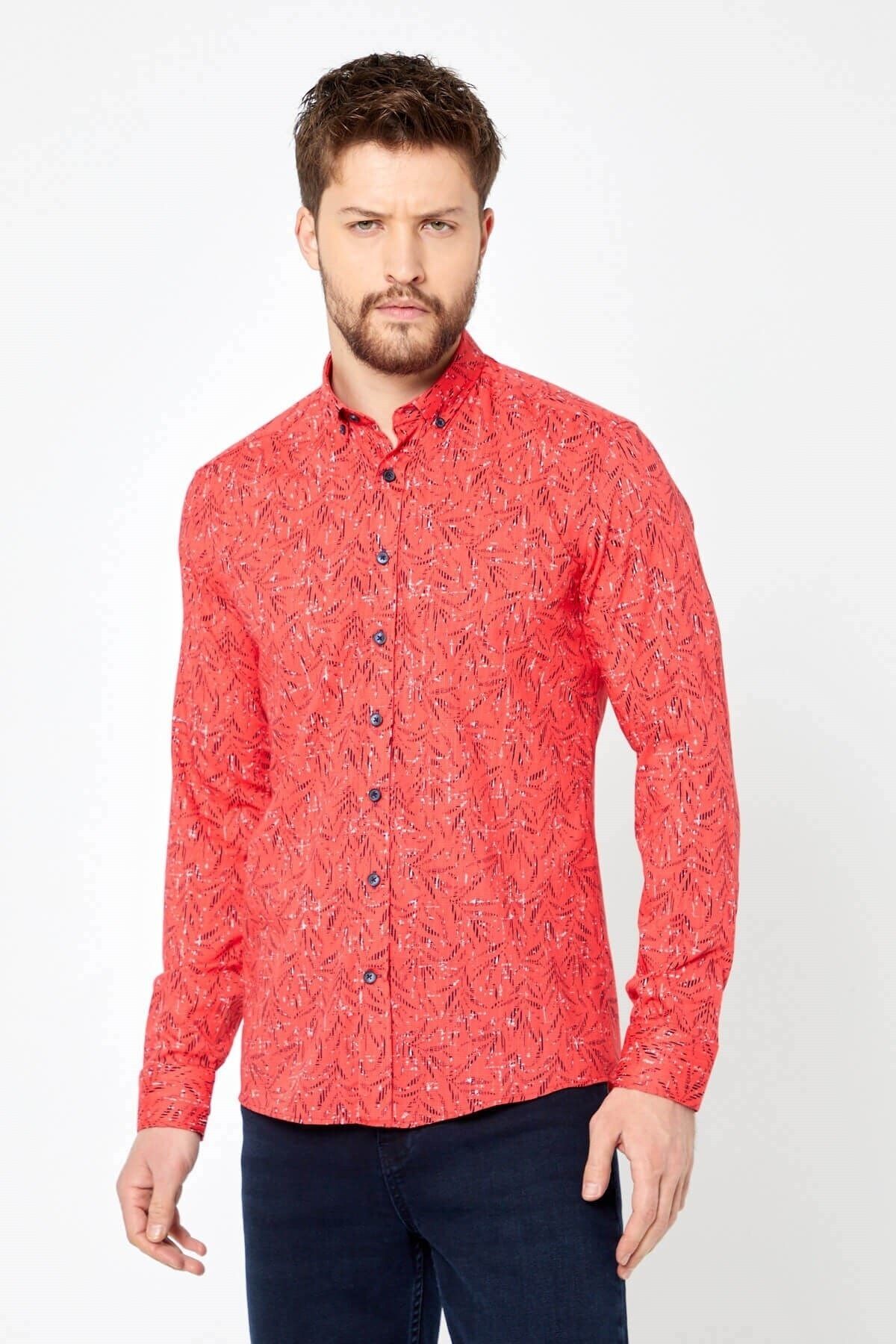 Pamuk Keten Baskılı Kırmızı Slim Fit Uzun Kol Gömlek