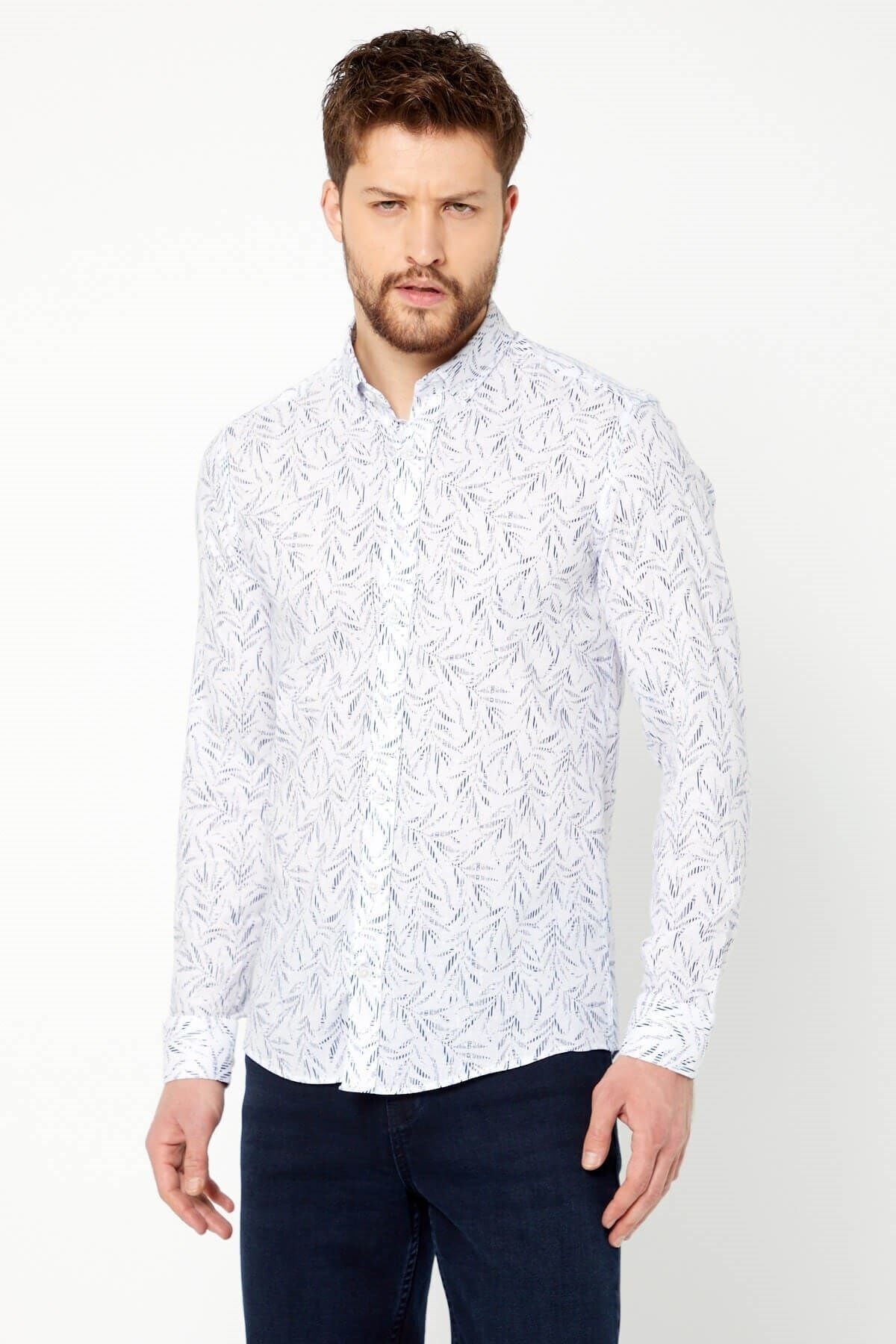 Pamuk Keten Baskılı Beyaz Slim Fit Uzun Kol Gömlek