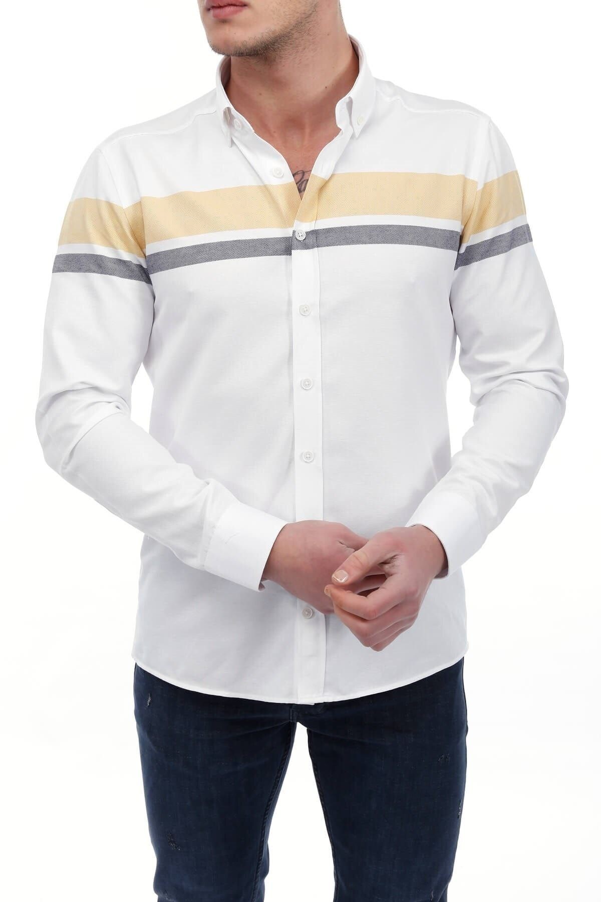 Sarı Panolo Beyaz Slim Fit Gömlek