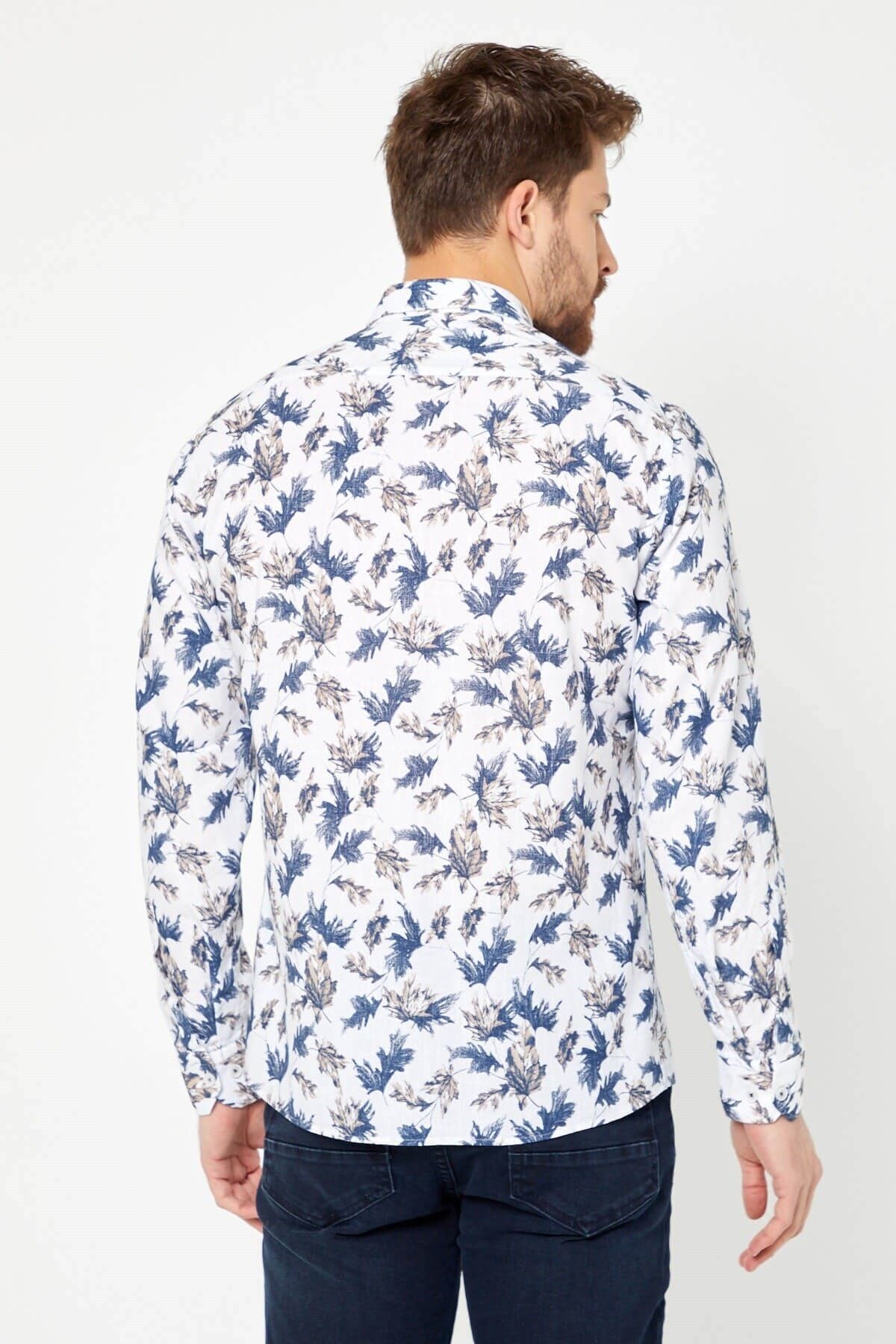 %100 Pamuk Keten Kahverengi Baskılı Slim Fit Uzun Kol Keten Gömlek