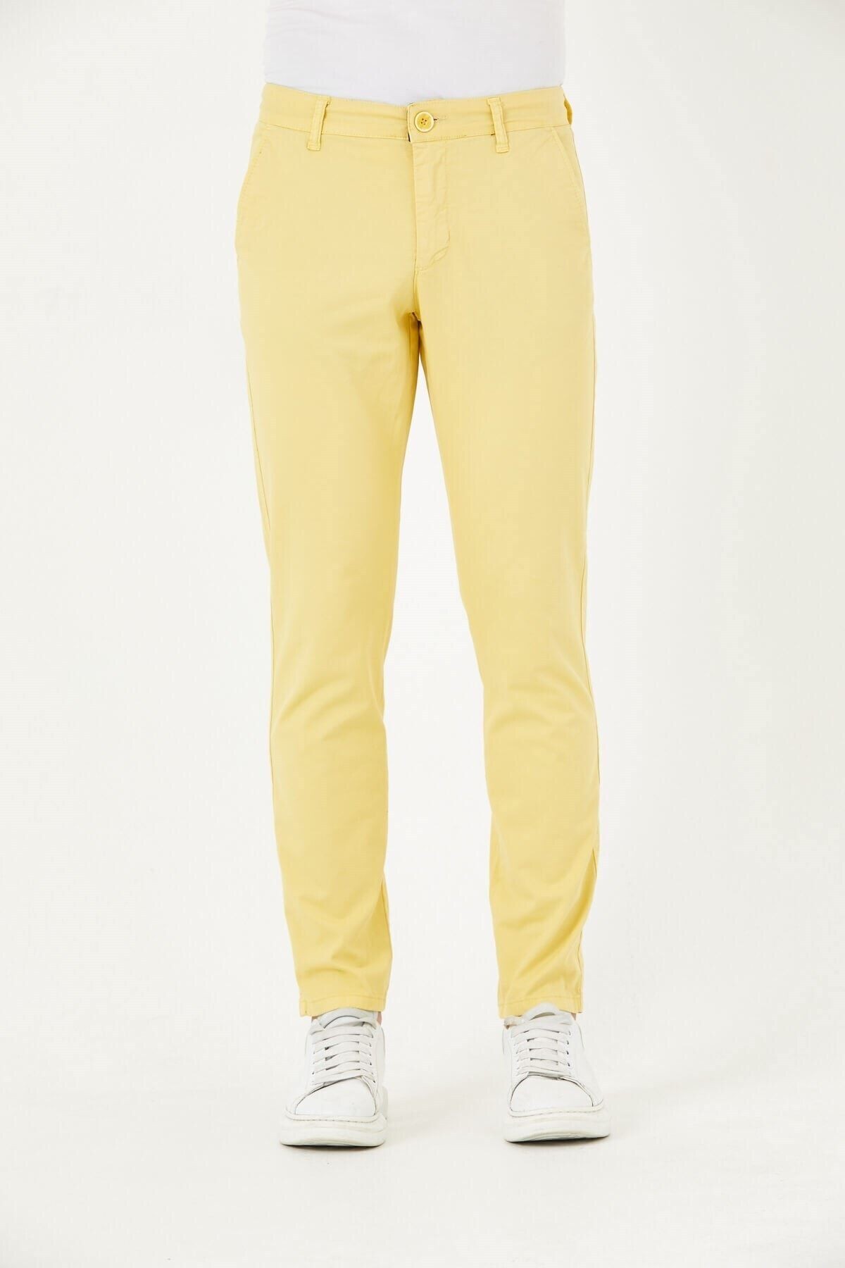 Sarı Gabardin Chıno Yan Cepli Keten Regular Fit Pantolon