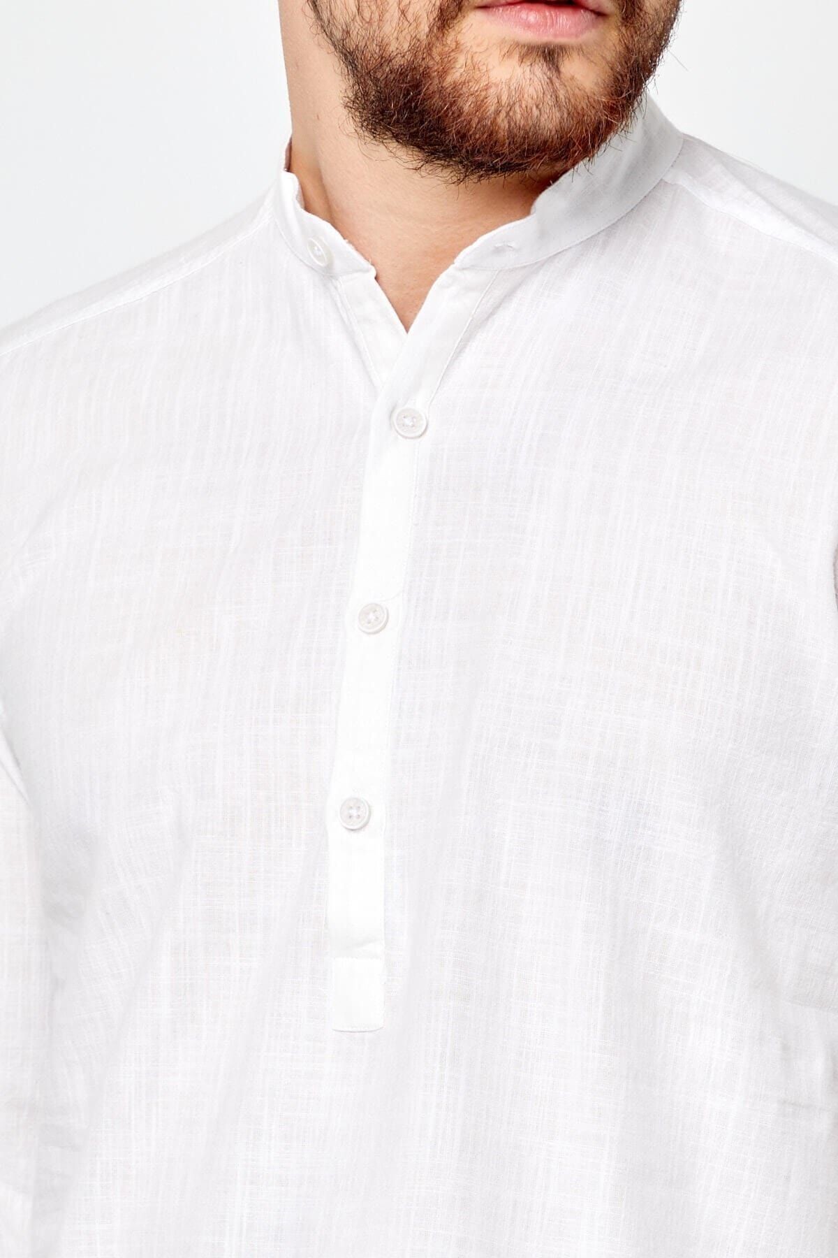 Keten Hakim Yaka Yarım Pat Beyaz Slim Fit Uzun Kol Gömlek