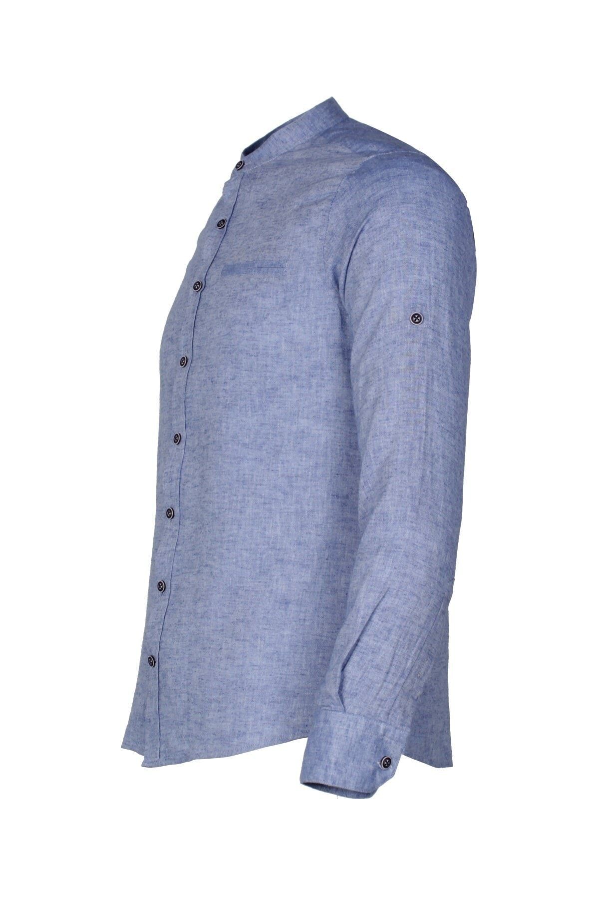Erkek Mavi Slim Fit Keten Apoletli Gömlek
