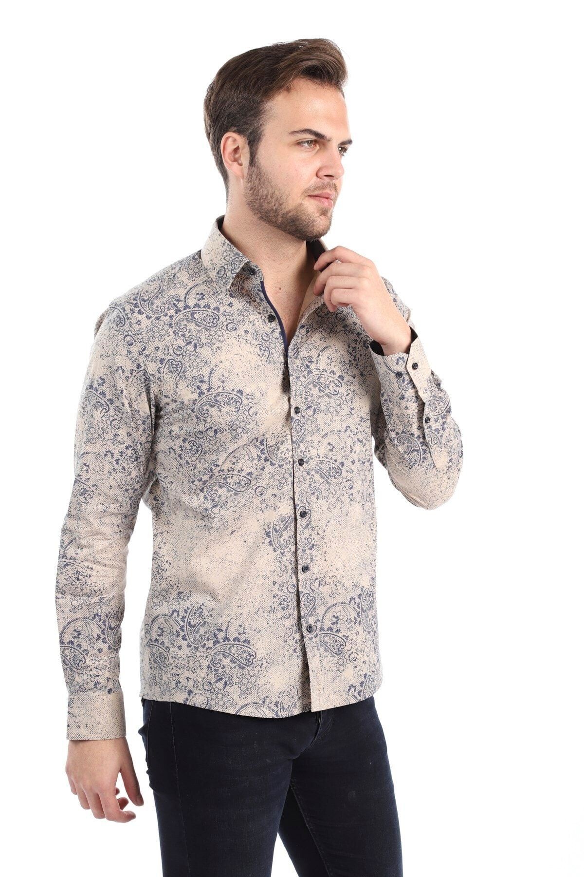Baskılı Krem Slim Fit Gömlek