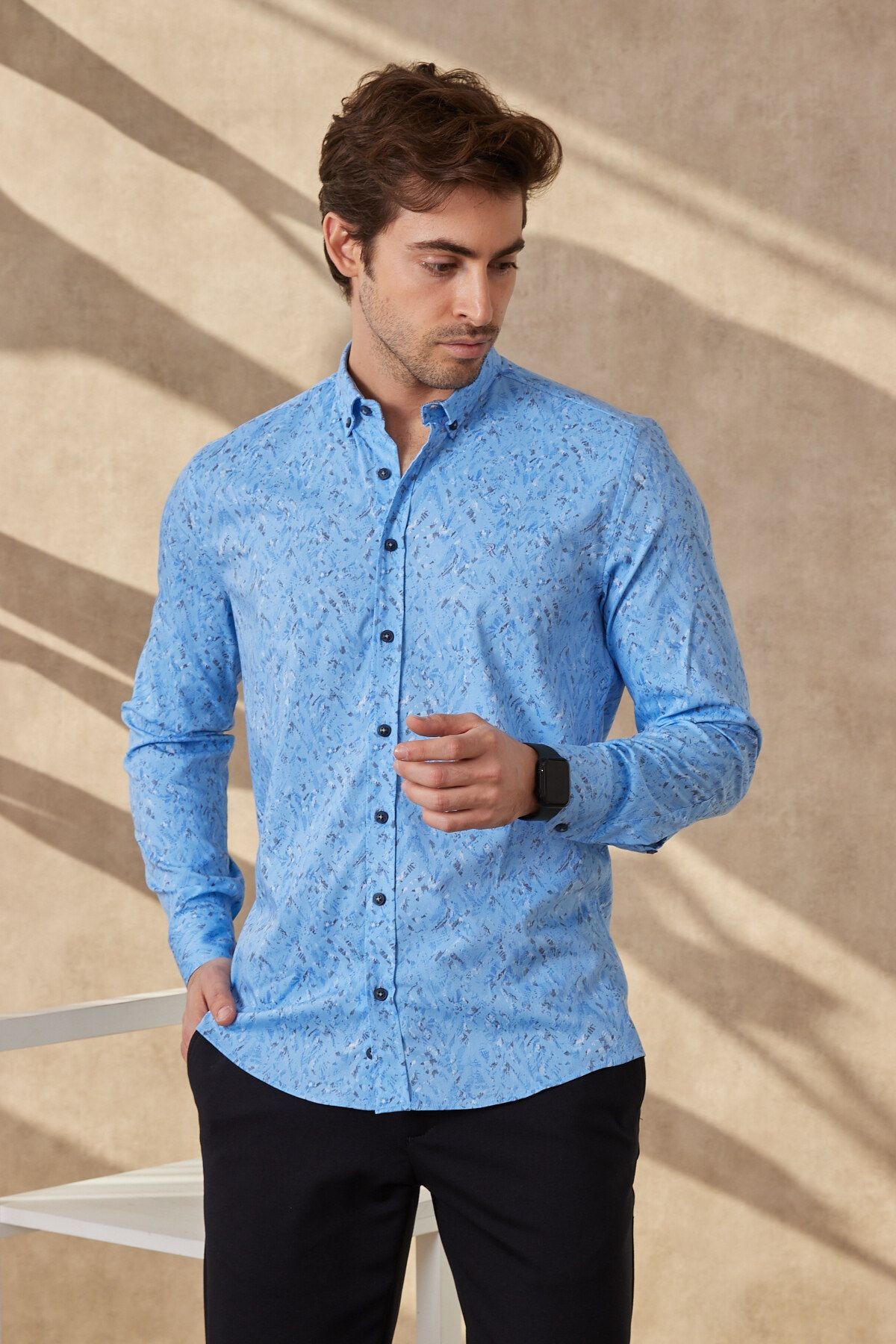 Erkek Baskılı Mavi Modern Slim Fit Uzun Kol Gömlek
