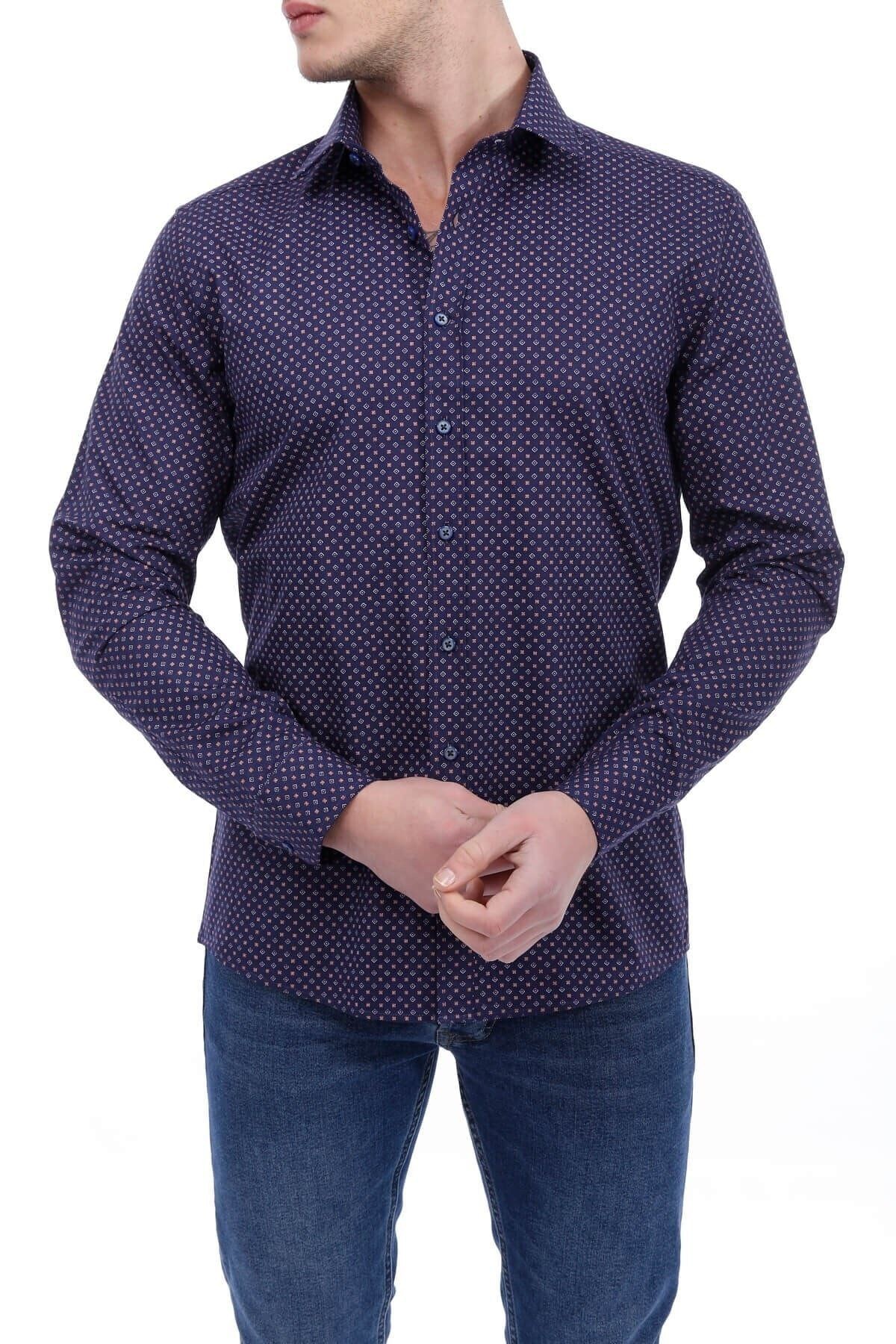 Baskılı Lacivert Slim Fit Gömlek