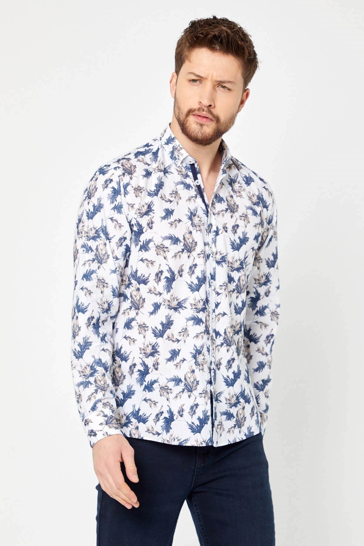 %100 Pamuk Keten Kahverengi Baskılı Slim Fit Uzun Kol Keten Gömlek