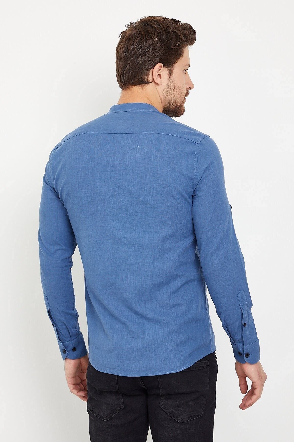 Pamuk Keten Hakim Yaka Lacivert Slim Fit Uzun Kol Gömlek
