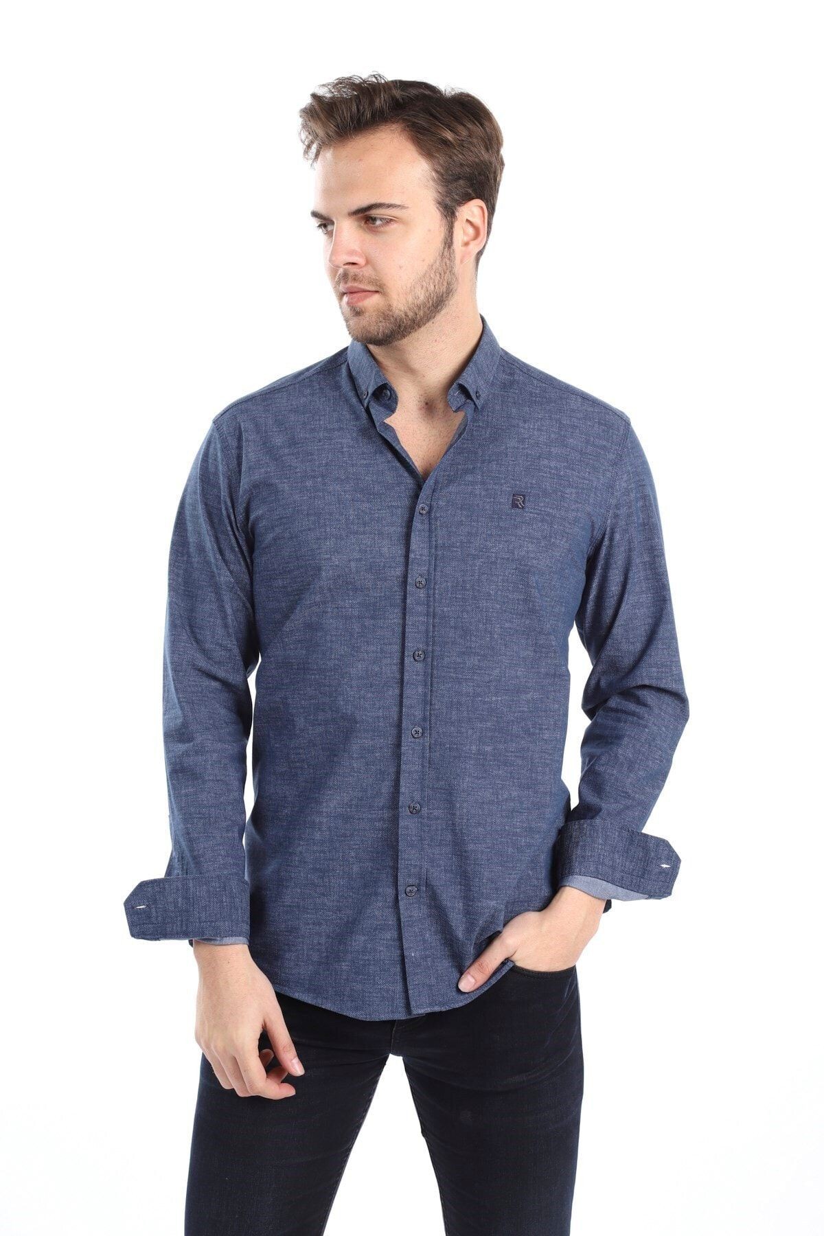 Baskılı Lacivert Slim Fit Gömlek