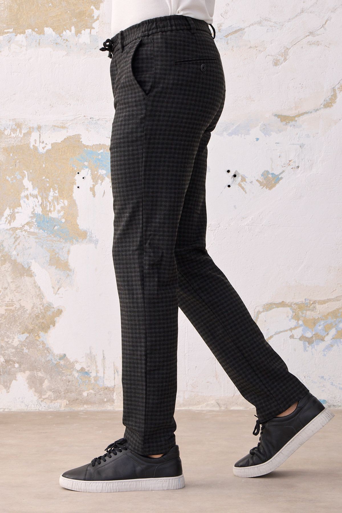 Erkek Günlük Jogger Beli Lastikli Ipli Cepli Slim Fit En Boy Likralı Kareli Pantolon