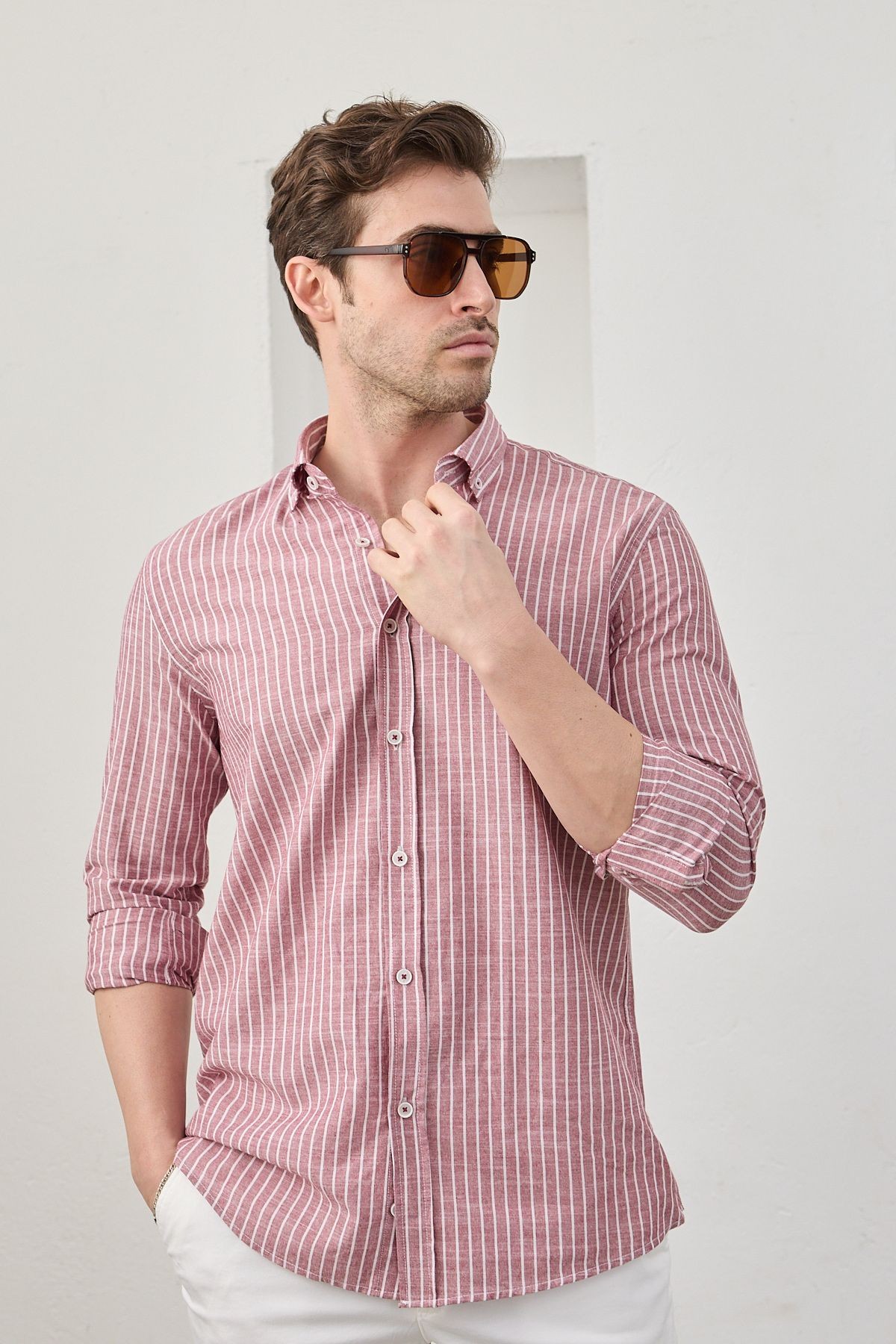 Erkek Çizgili Pamuk Keten Modern Slim Fit Gömlek