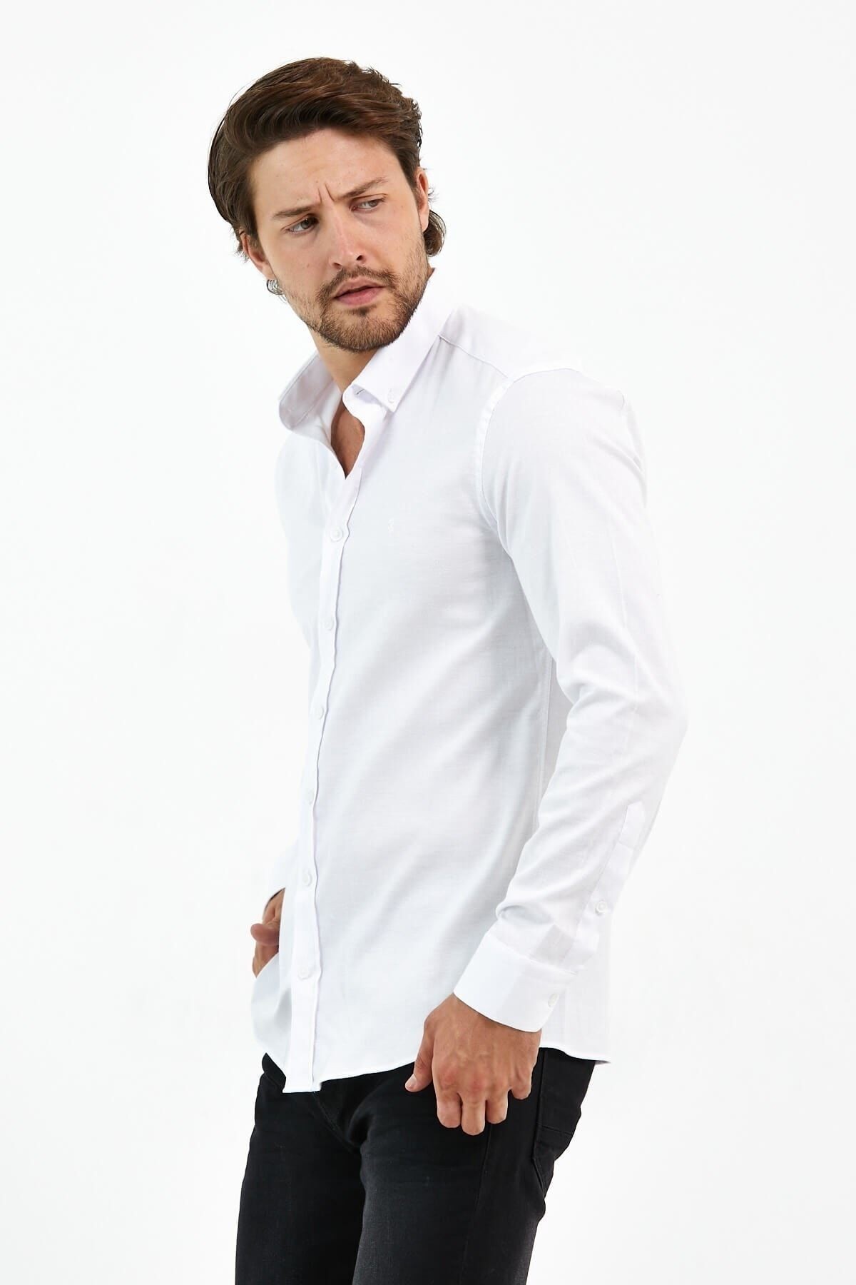 Beyaz Oxford Likra Slim Fit Uzun Kol Gömlek