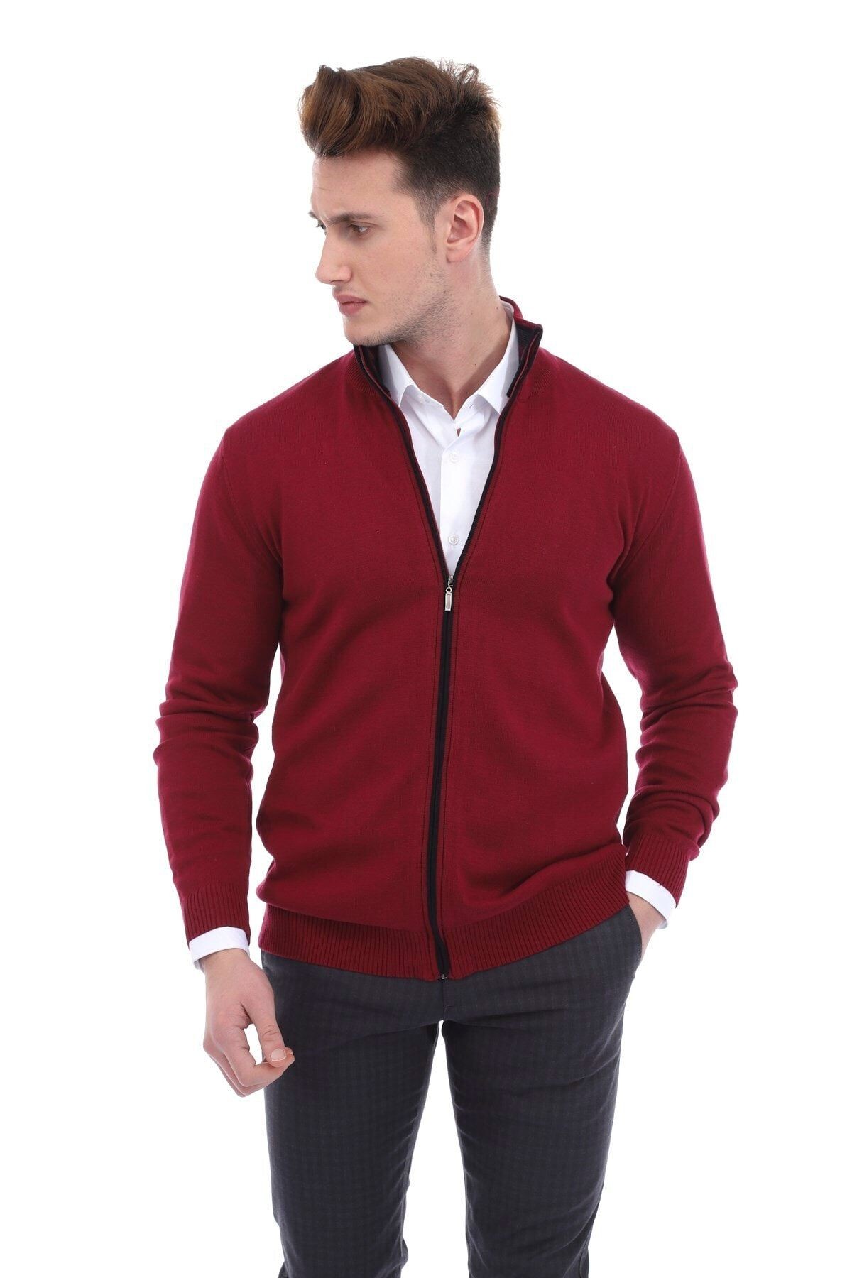 Bordo Slimfit Fermuarlı Hırka