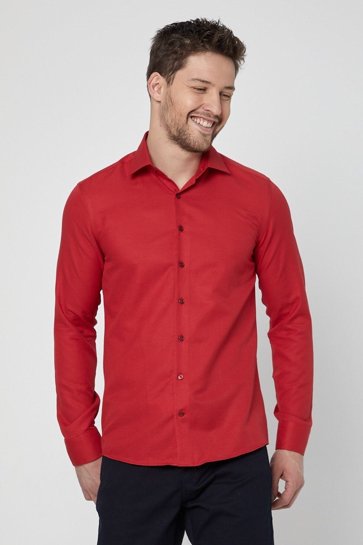 Kırmızı Slim Fit Uzun Kol Gömlek
