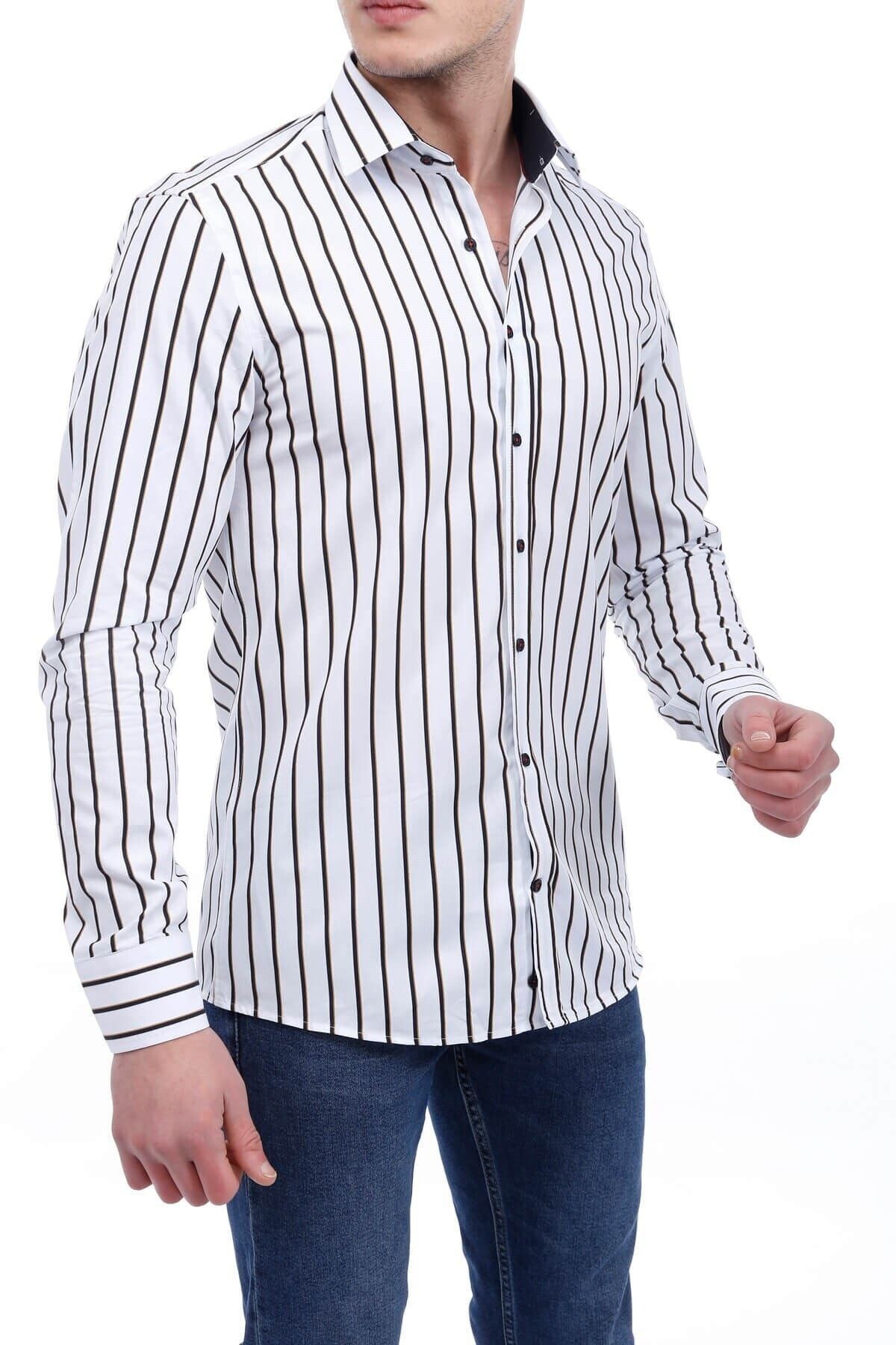 Çizgi Baskılı Beyaz Slim Fit Gömlek