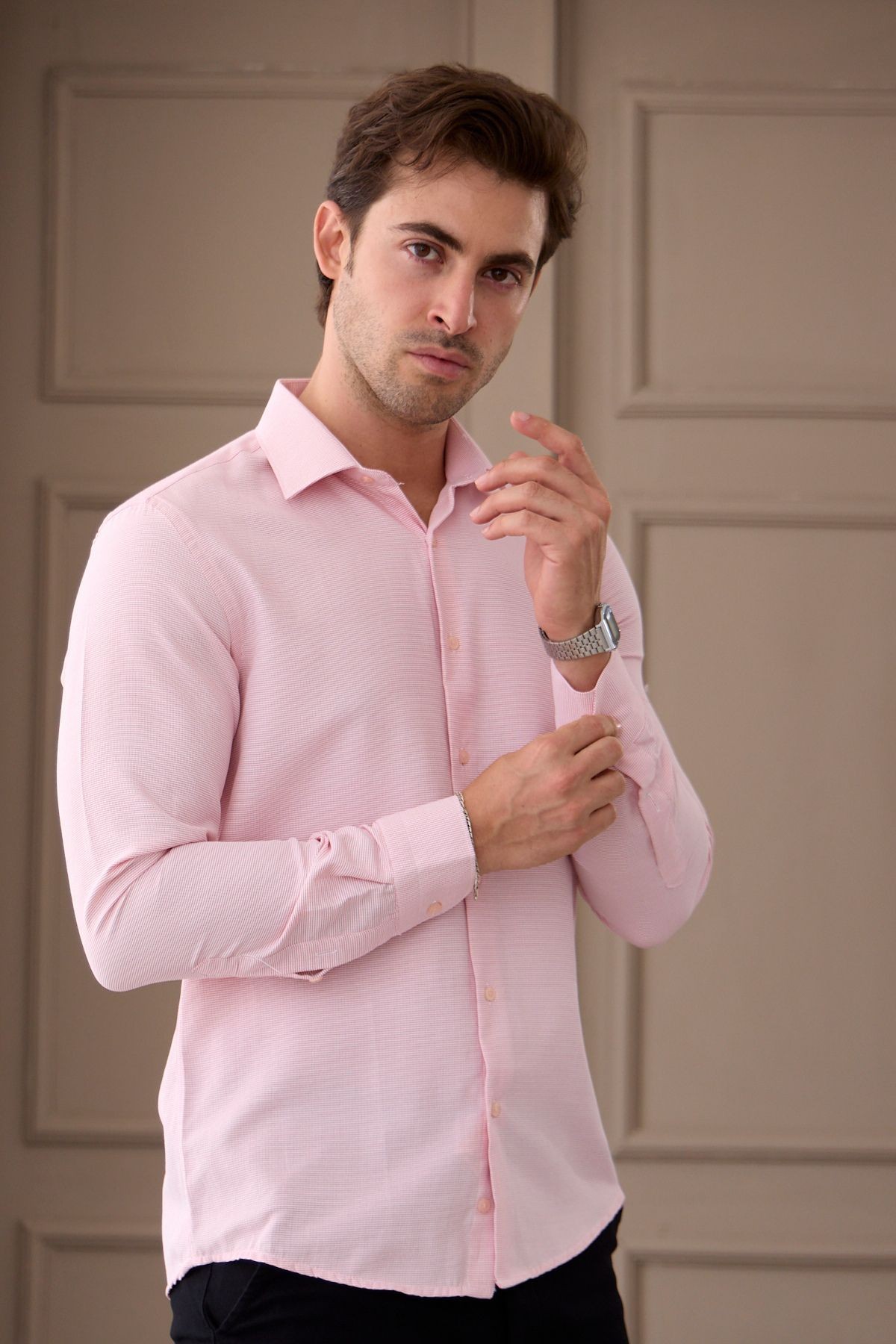 Erkek Pembe Uzun Kol Slim Fit Dar Kesim Klasik Yaka Desenli Pamuklu Gömlek