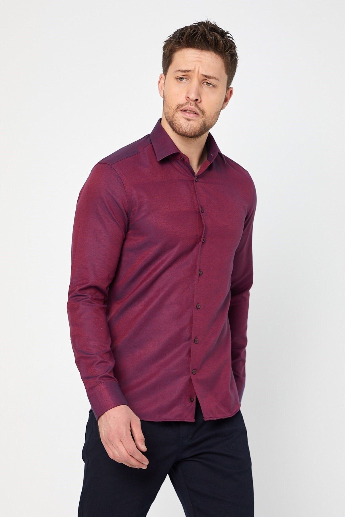 Bordo Slim Fit Uzun Kol Gömlek