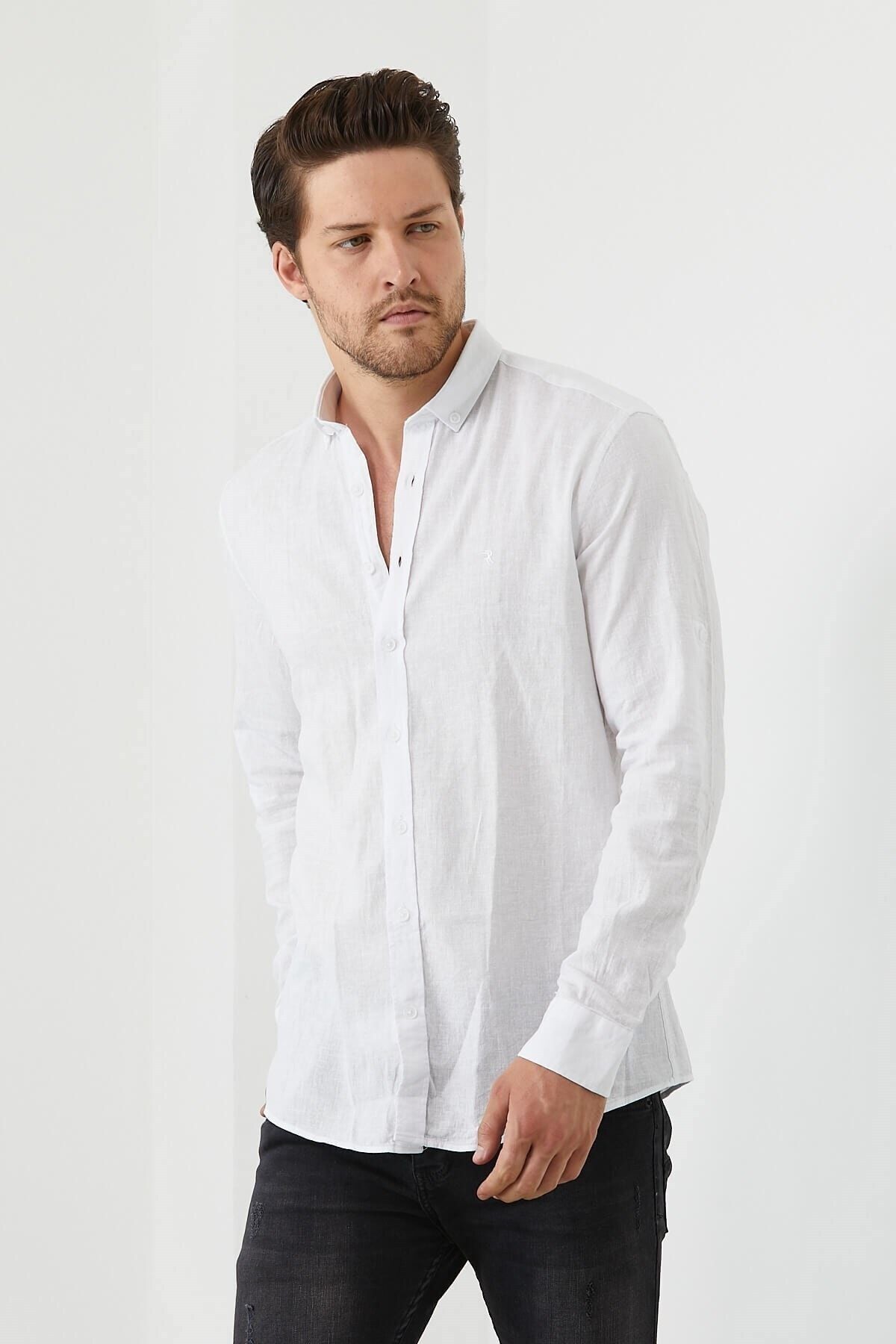 Beyaz Slim Fit Uzun Kol Keten Gömlek