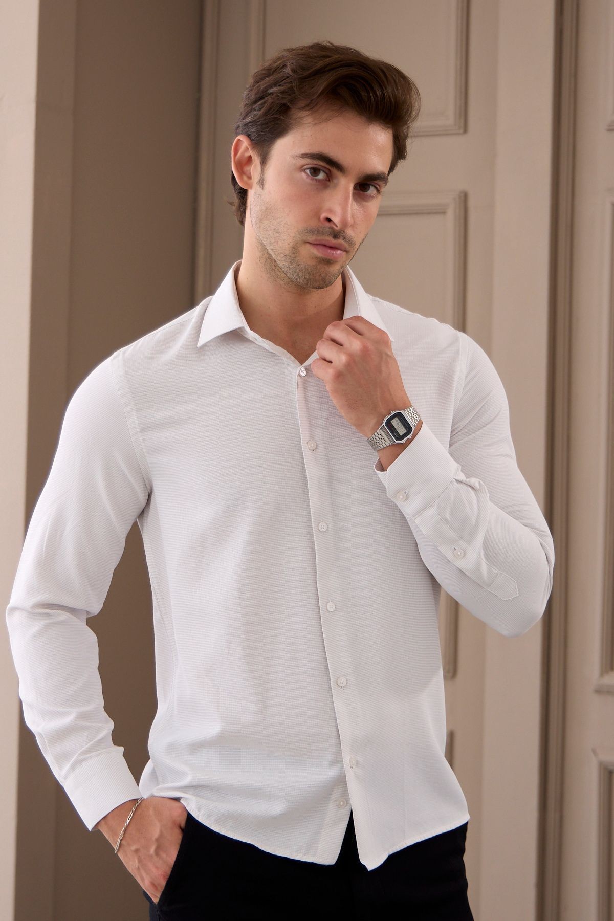 Erkek Bej Uzun Kol Slim Fit Dar Kesim Klasik Yaka Desenli Pamuklu Gömlek